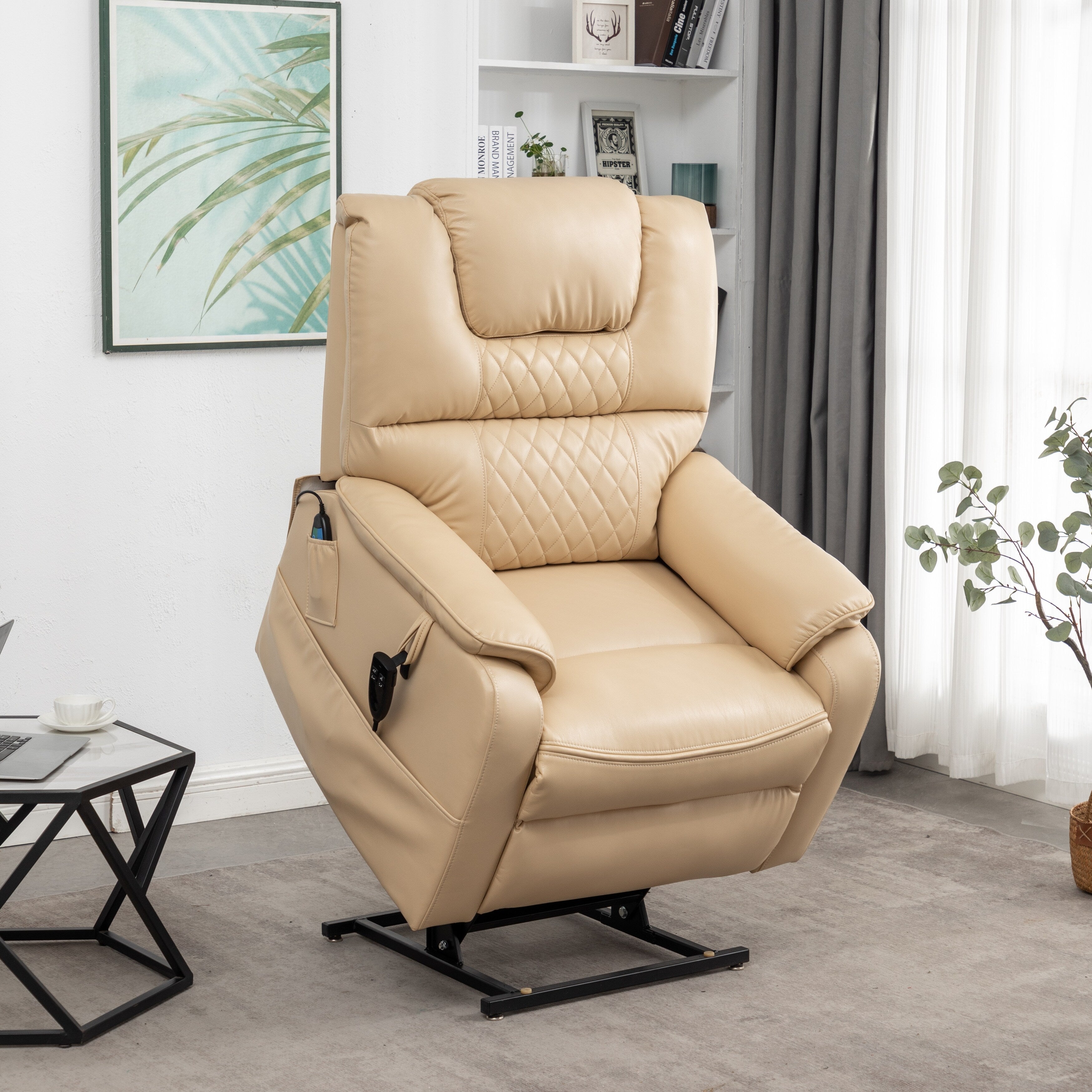 Fauteuil inclinable électrique en cuir PU beige, massage, pose à plat