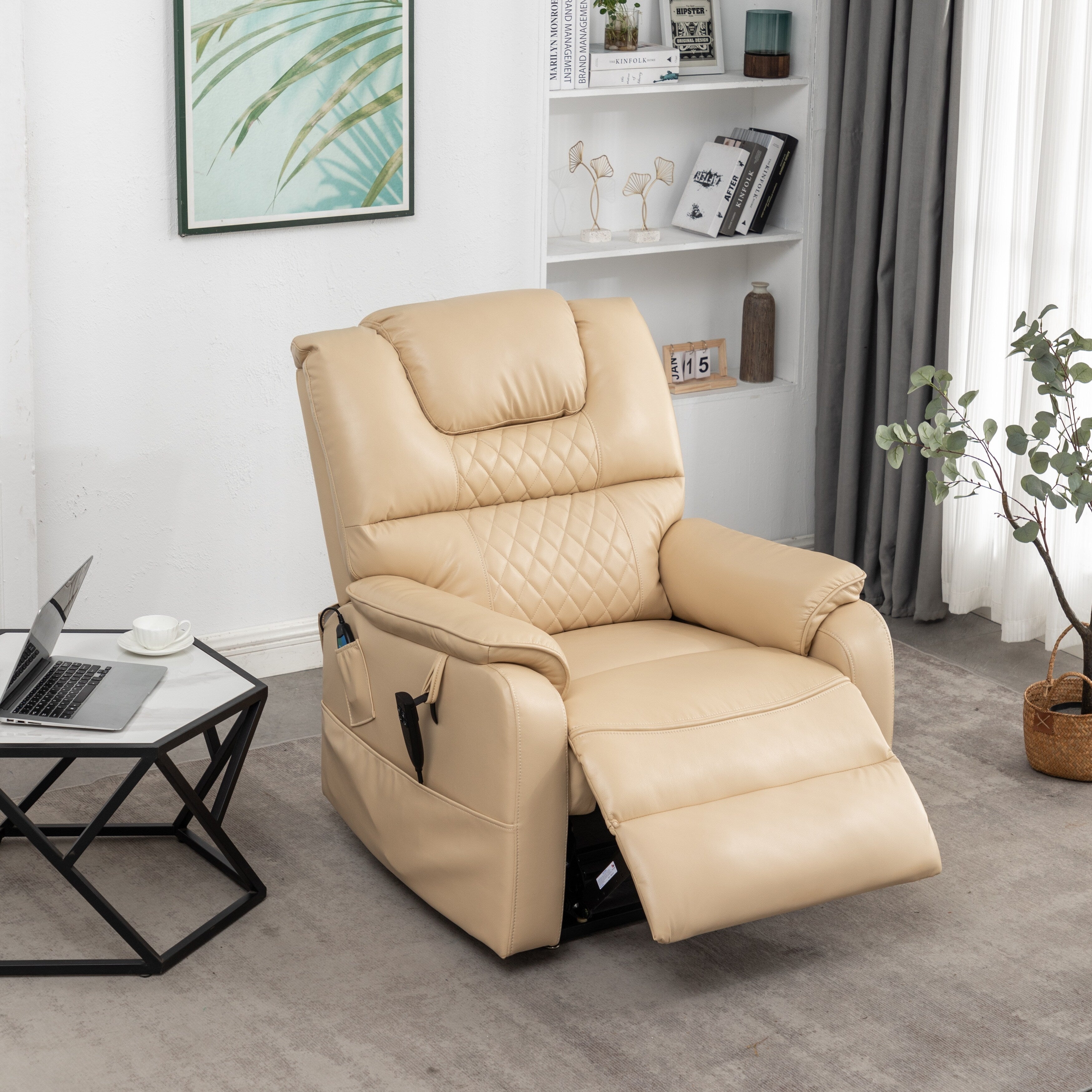 Fauteuil inclinable électrique en cuir PU beige, massage, pose à plat