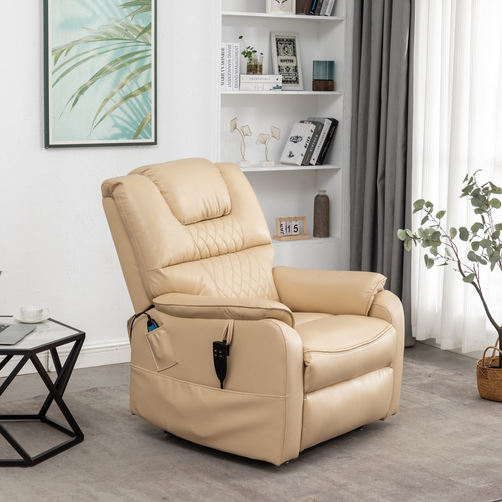 Fauteuil inclinable électrique en cuir PU beige, massage, pose à plat