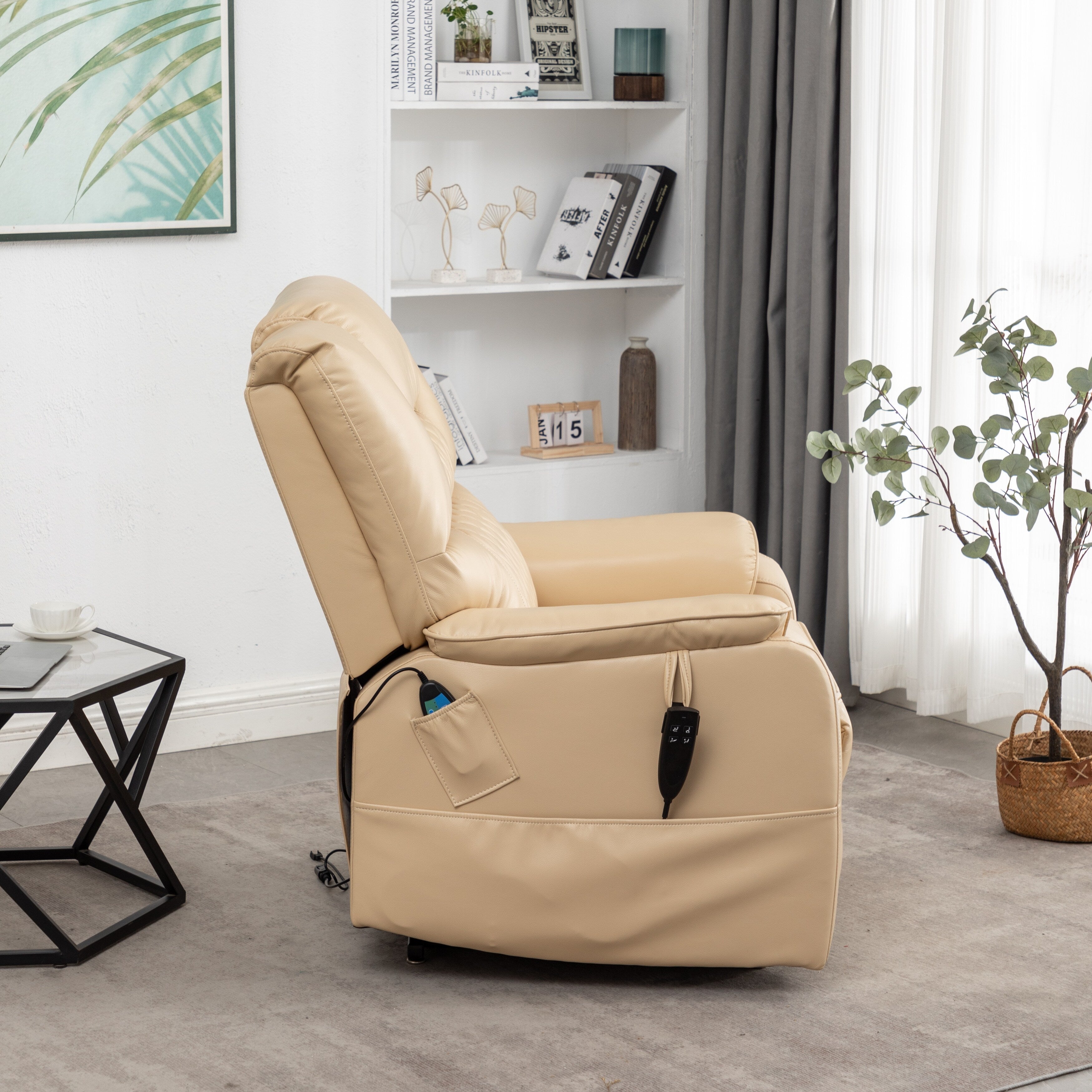 Fauteuil inclinable électrique en cuir PU beige, massage, pose à plat
