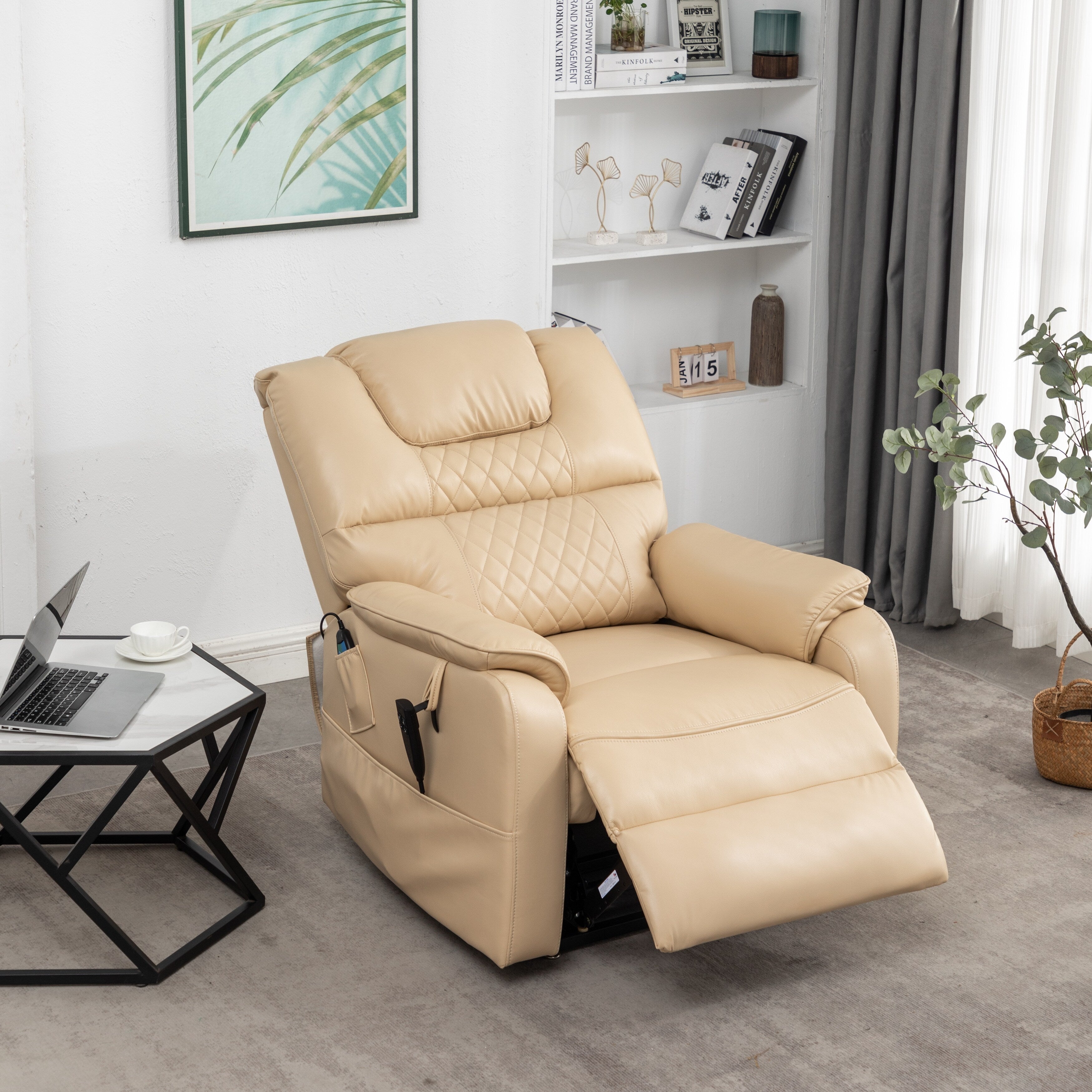 Fauteuil inclinable électrique en cuir PU beige, massage, pose à plat