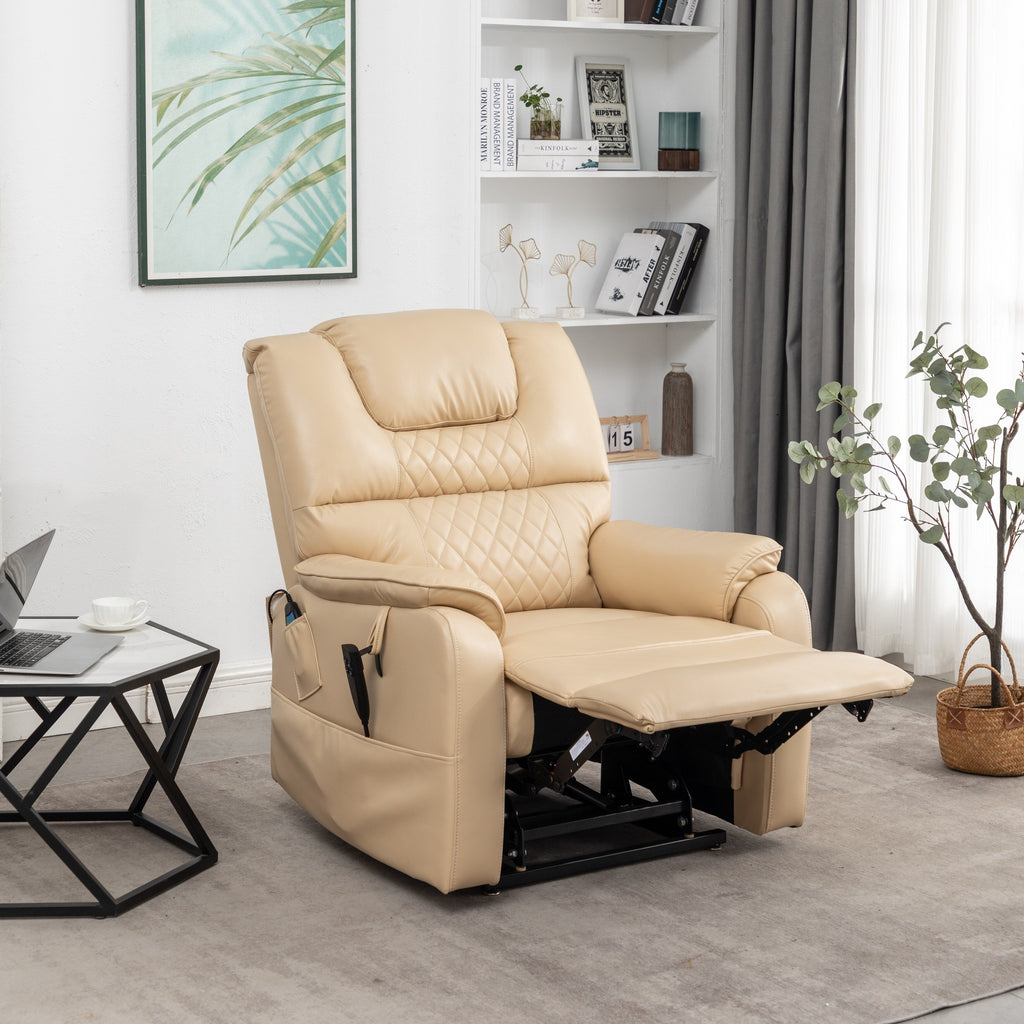Fauteuil inclinable électrique en cuir PU beige, massage, pose à plat