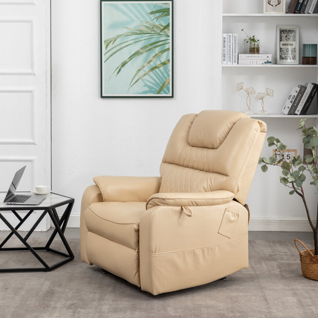 Fauteuil inclinable électrique en cuir PU beige, massage, pose à plat