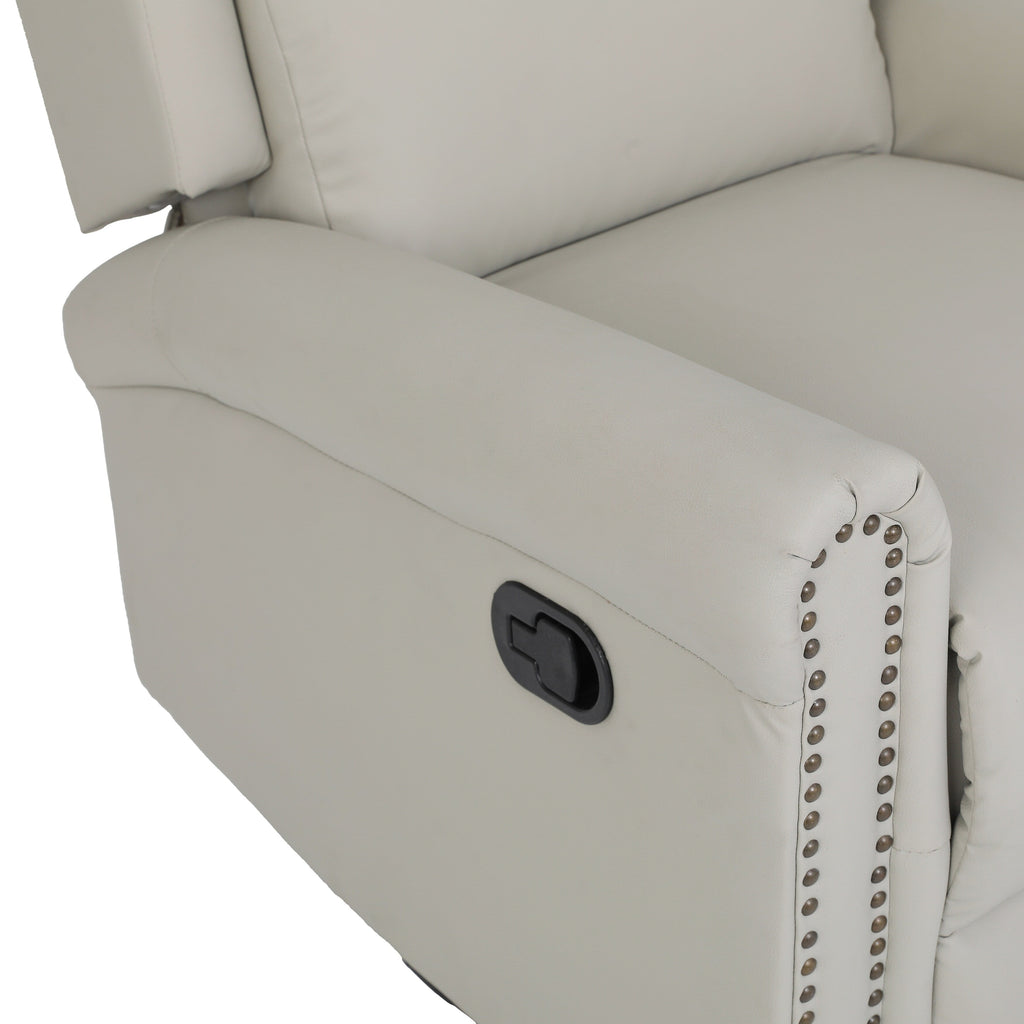 Fauteuil inclinable manuel pivotant à 360° en cuir PU beige avec dossier et repose-pieds réglables, décoration cloutée