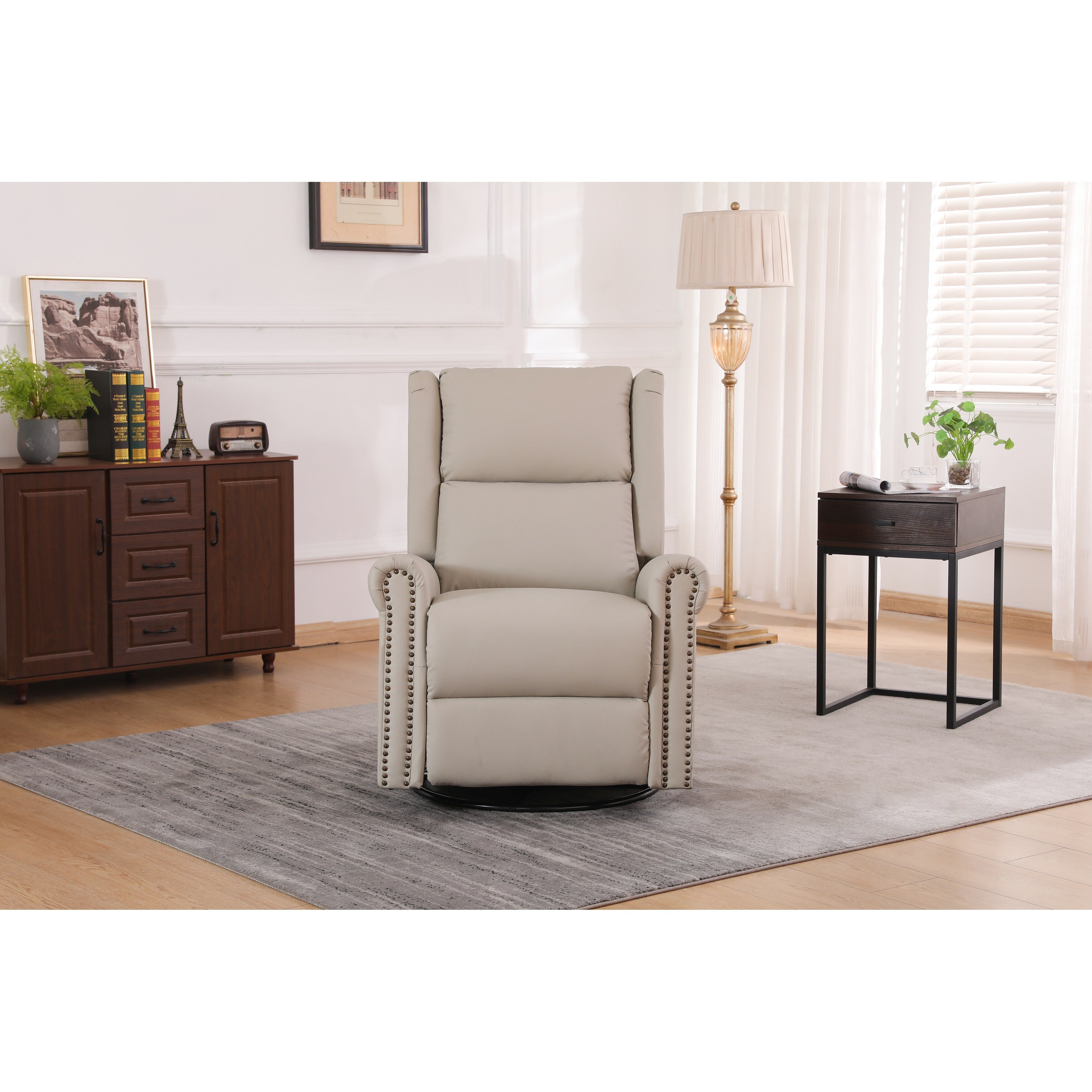 Fauteuil inclinable manuel pivotant à 360° en cuir PU beige avec dossier et repose-pieds réglables, décoration cloutée