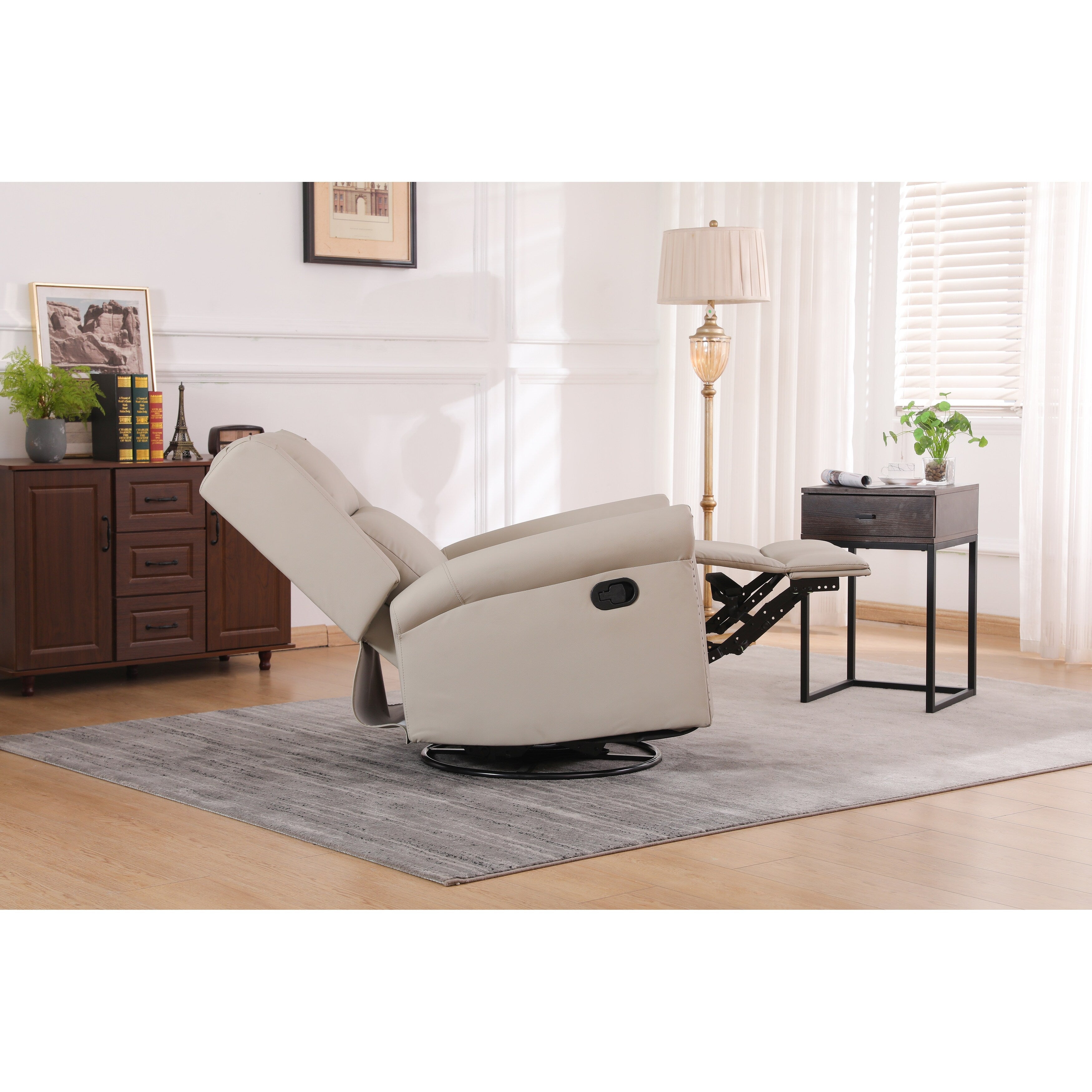 Fauteuil inclinable manuel pivotant à 360° en cuir PU beige avec dossier et repose-pieds réglables, décoration cloutée