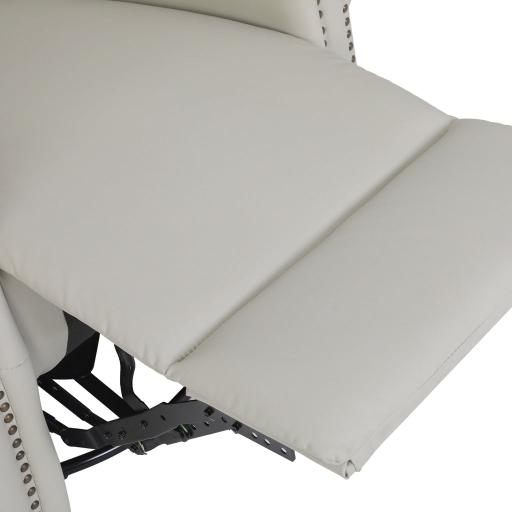 Fauteuil inclinable manuel pivotant à 360° en cuir PU beige avec dossier et repose-pieds réglables, décoration cloutée