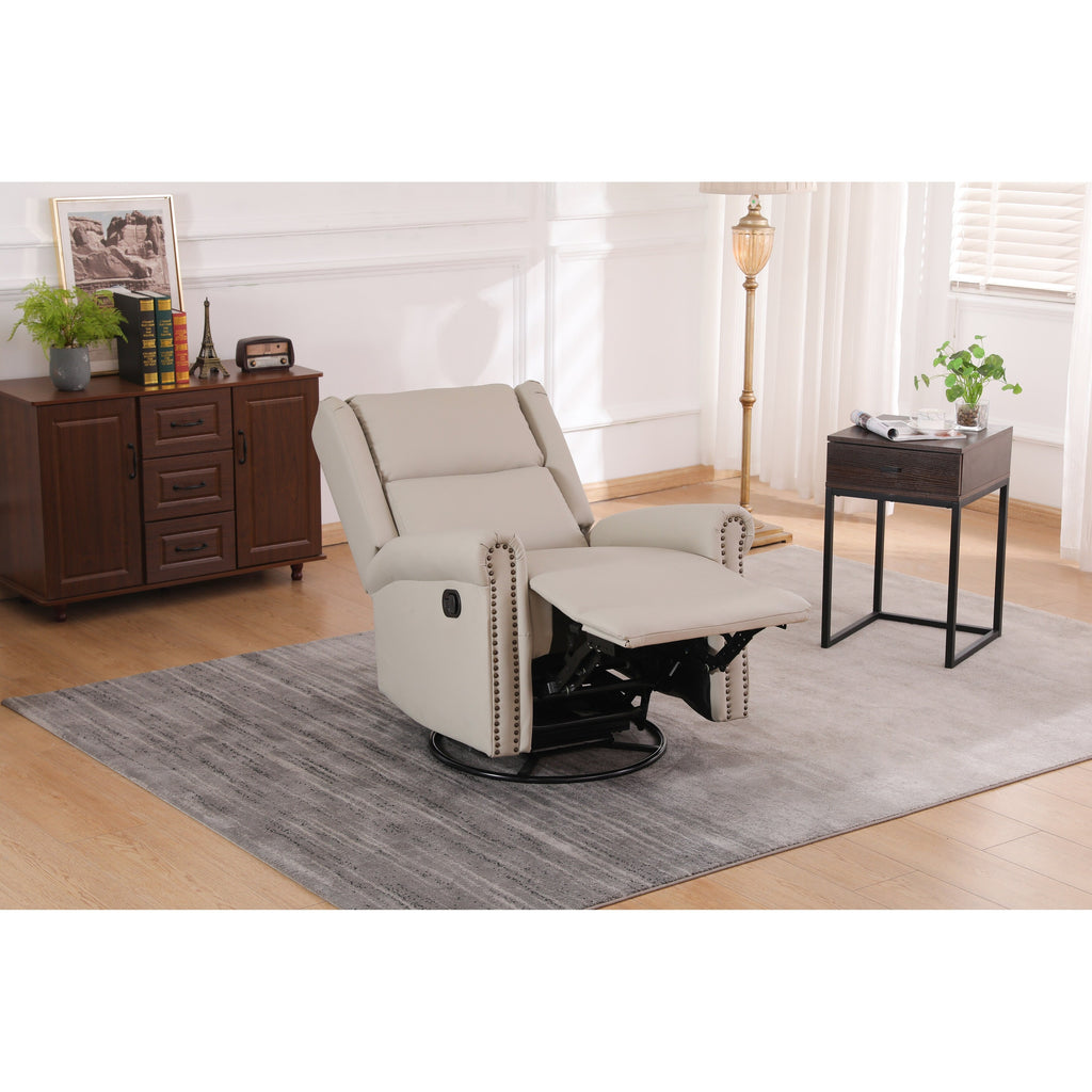 Fauteuil inclinable manuel pivotant à 360° en cuir PU beige avec dossier et repose-pieds réglables, décoration cloutée
