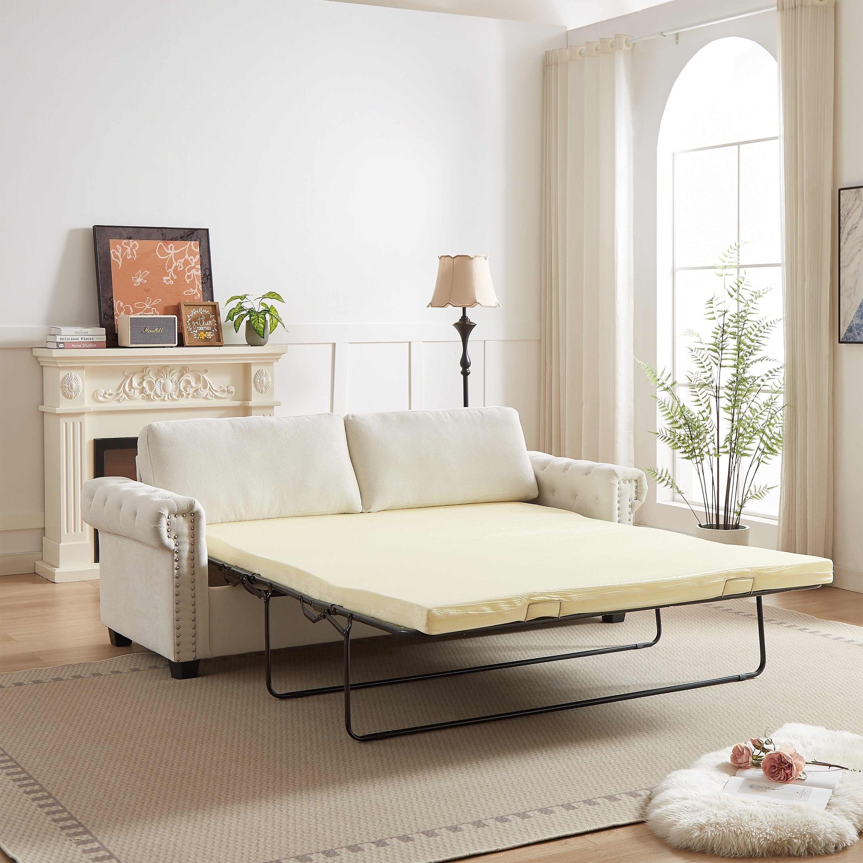 Canapé-lit convertible 3 places en polyester beige