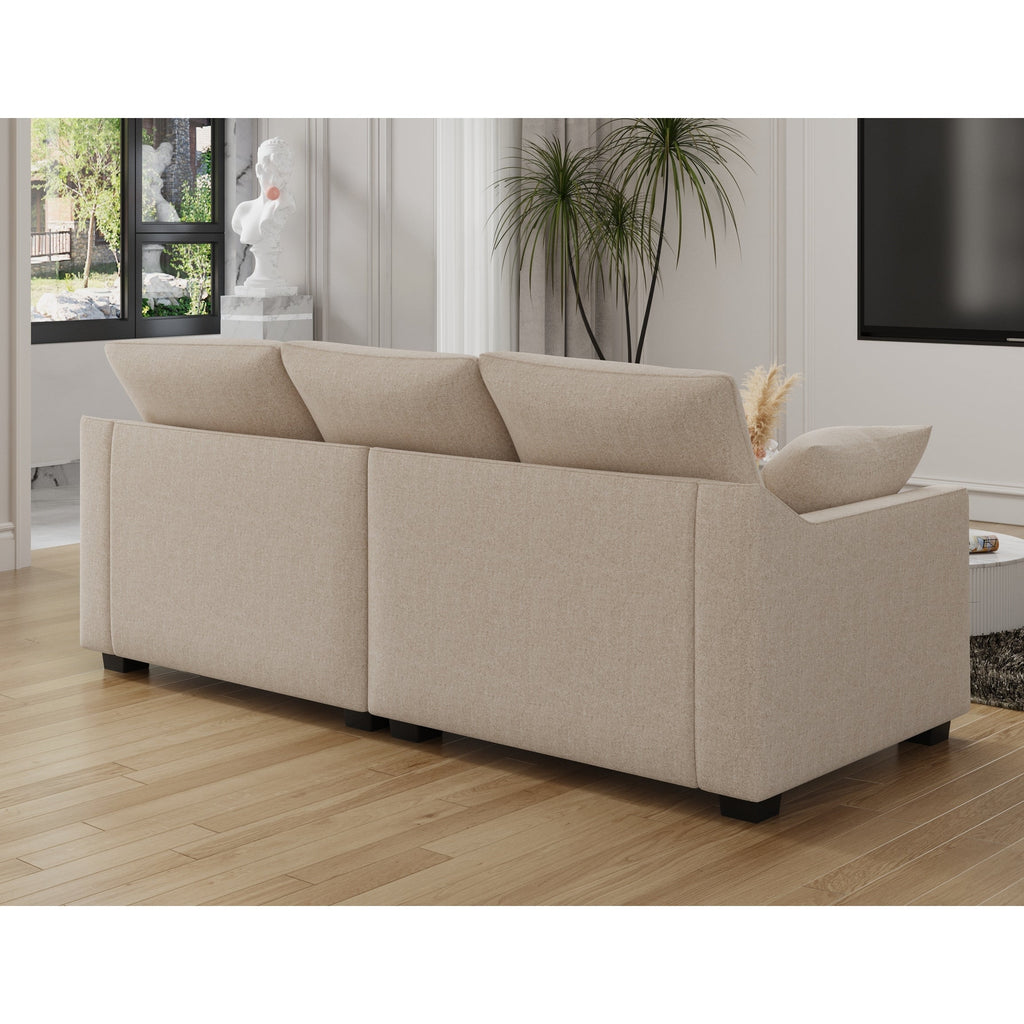 Canapé 3 places en polyester beige avec coussins et pieds en bois