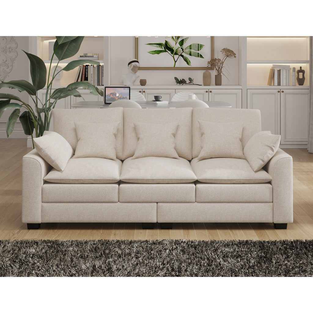 Canapé 3 places en polyester beige avec coussins et pieds en bois