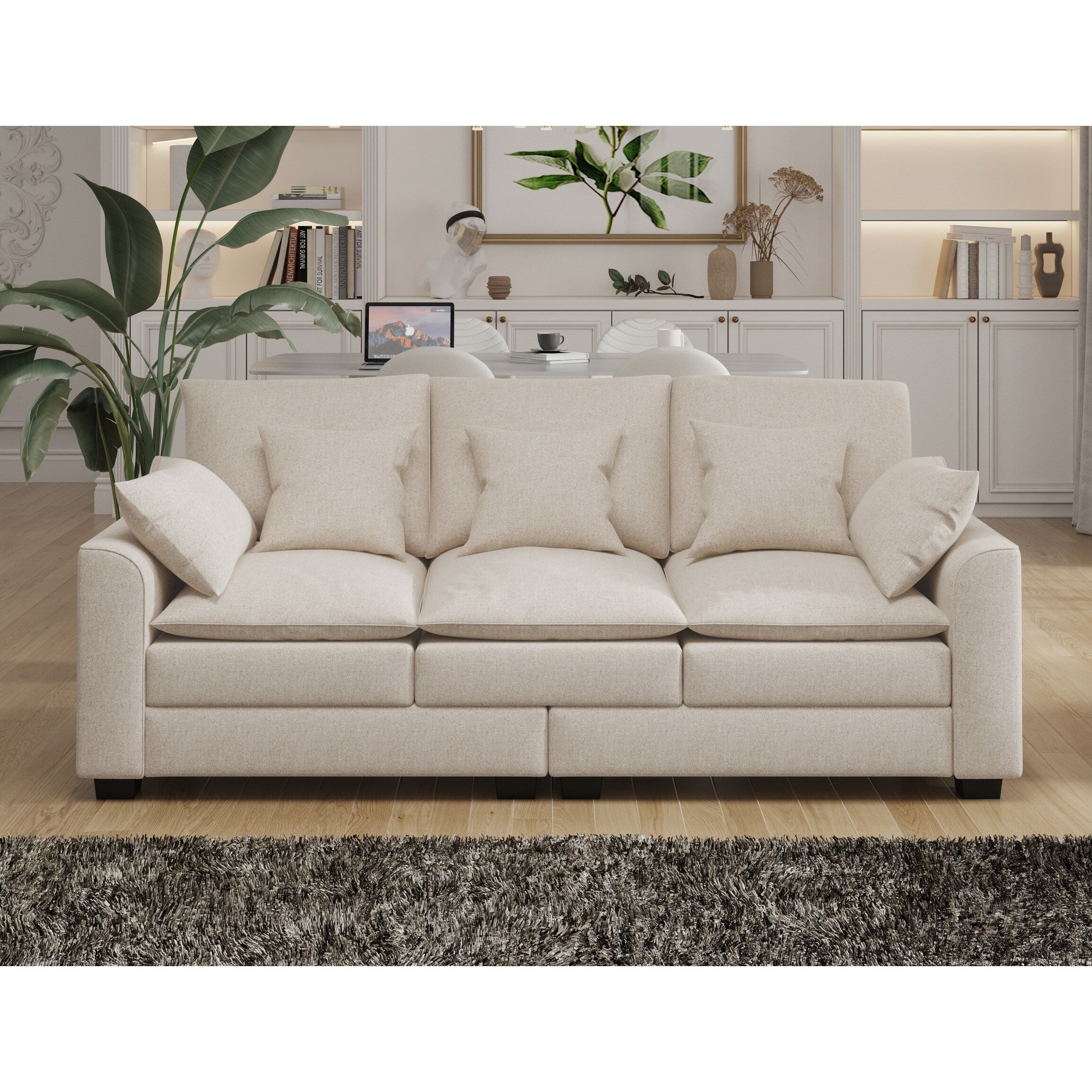 Canapé 3 places en polyester beige avec coussins et pieds en bois