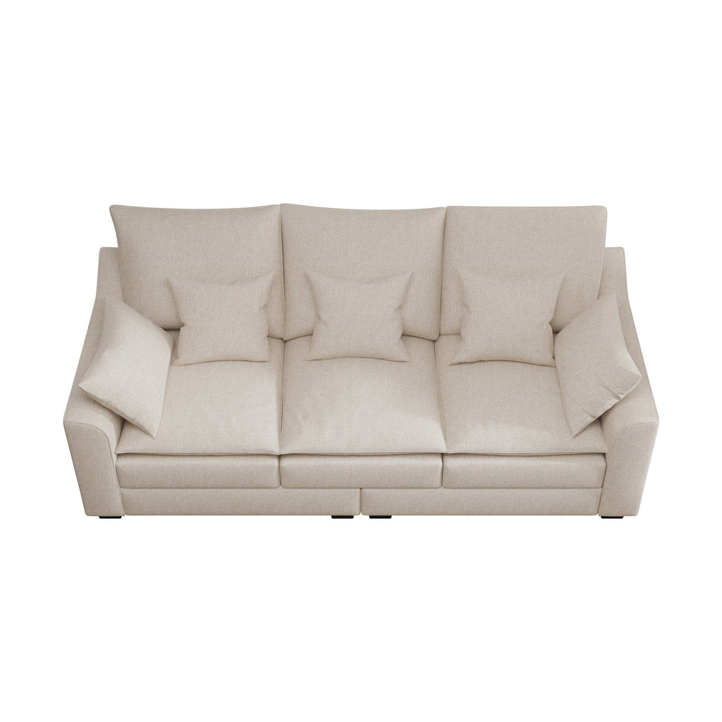 Canapé 3 places en polyester beige avec coussins et pieds en bois