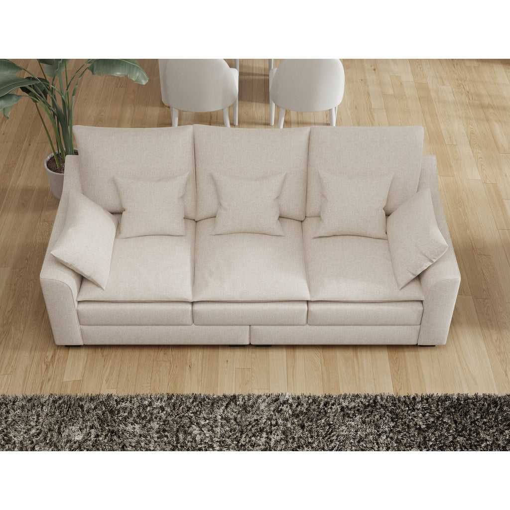 Canapé 3 places en polyester beige avec coussins et pieds en bois