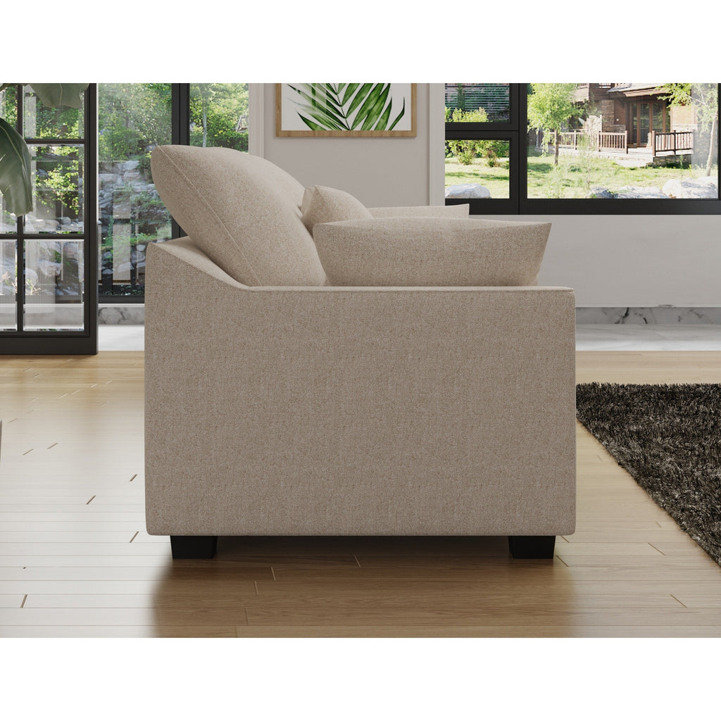 Canapé 3 places en polyester beige avec coussins et pieds en bois