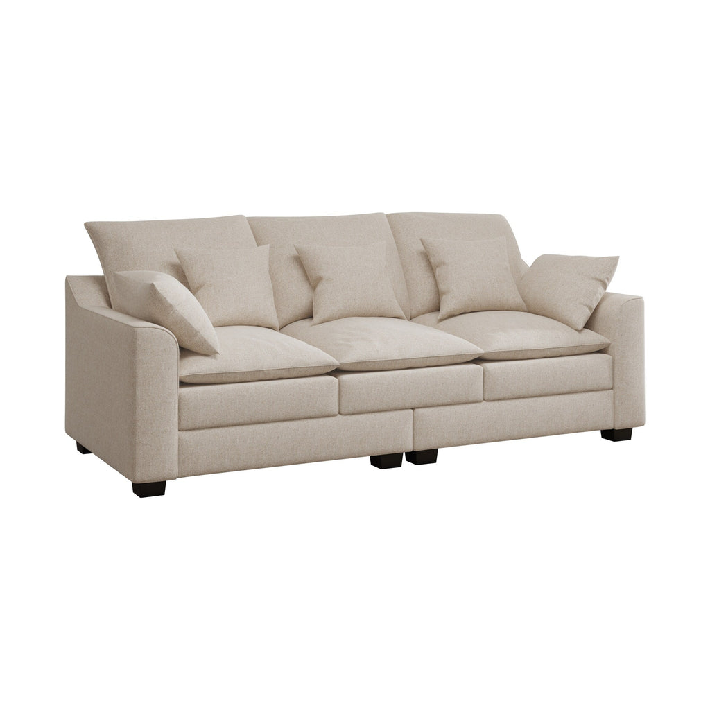 Canapé 3 places en polyester beige avec coussins et pieds en bois