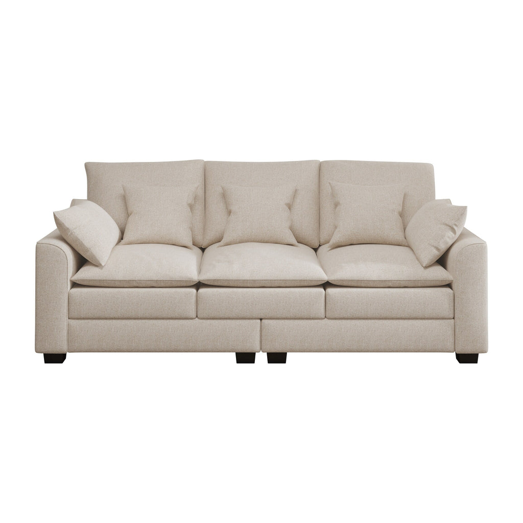 Canapé 3 places en polyester beige avec coussins et pieds en bois