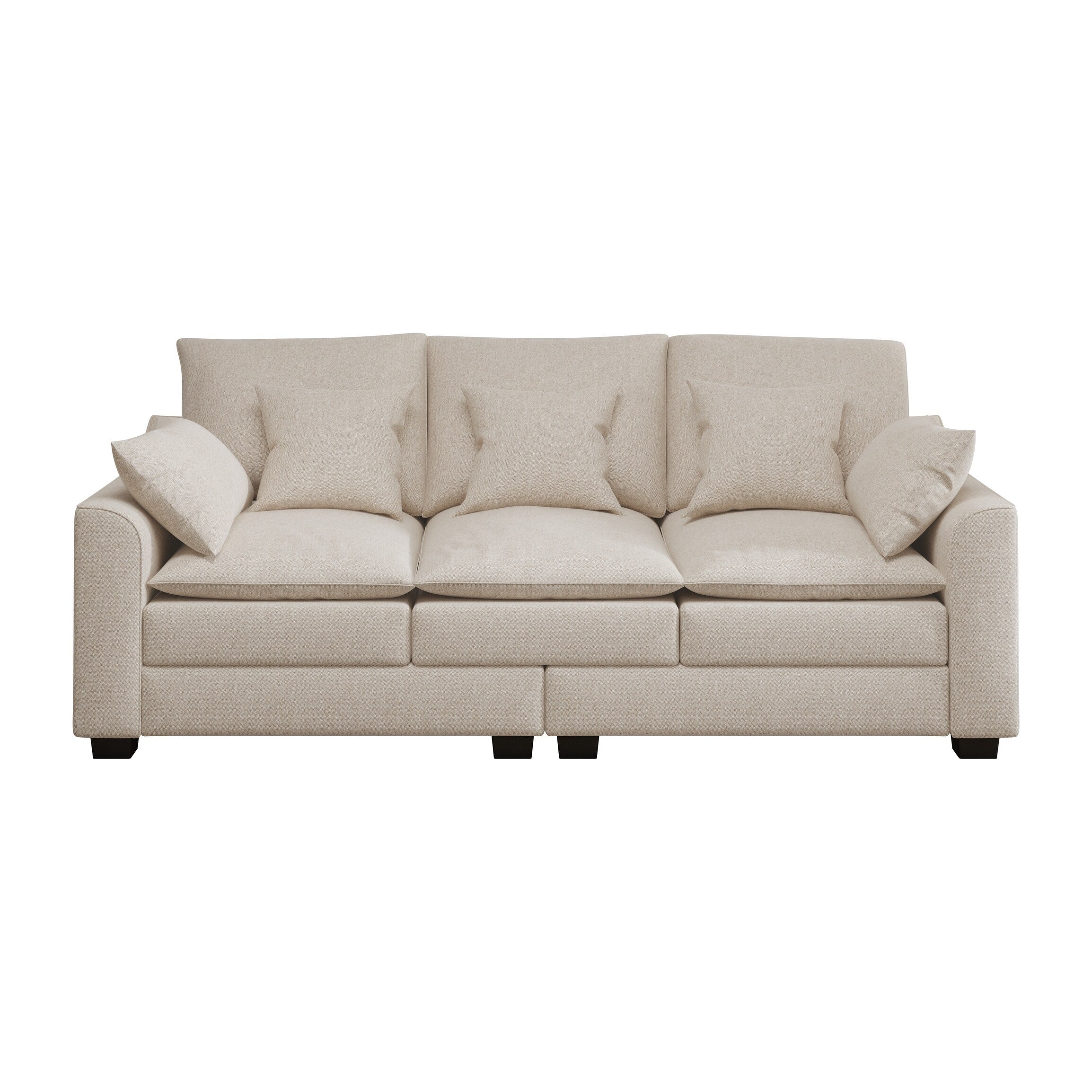 Canapé 3 places en polyester beige avec coussins et pieds en bois