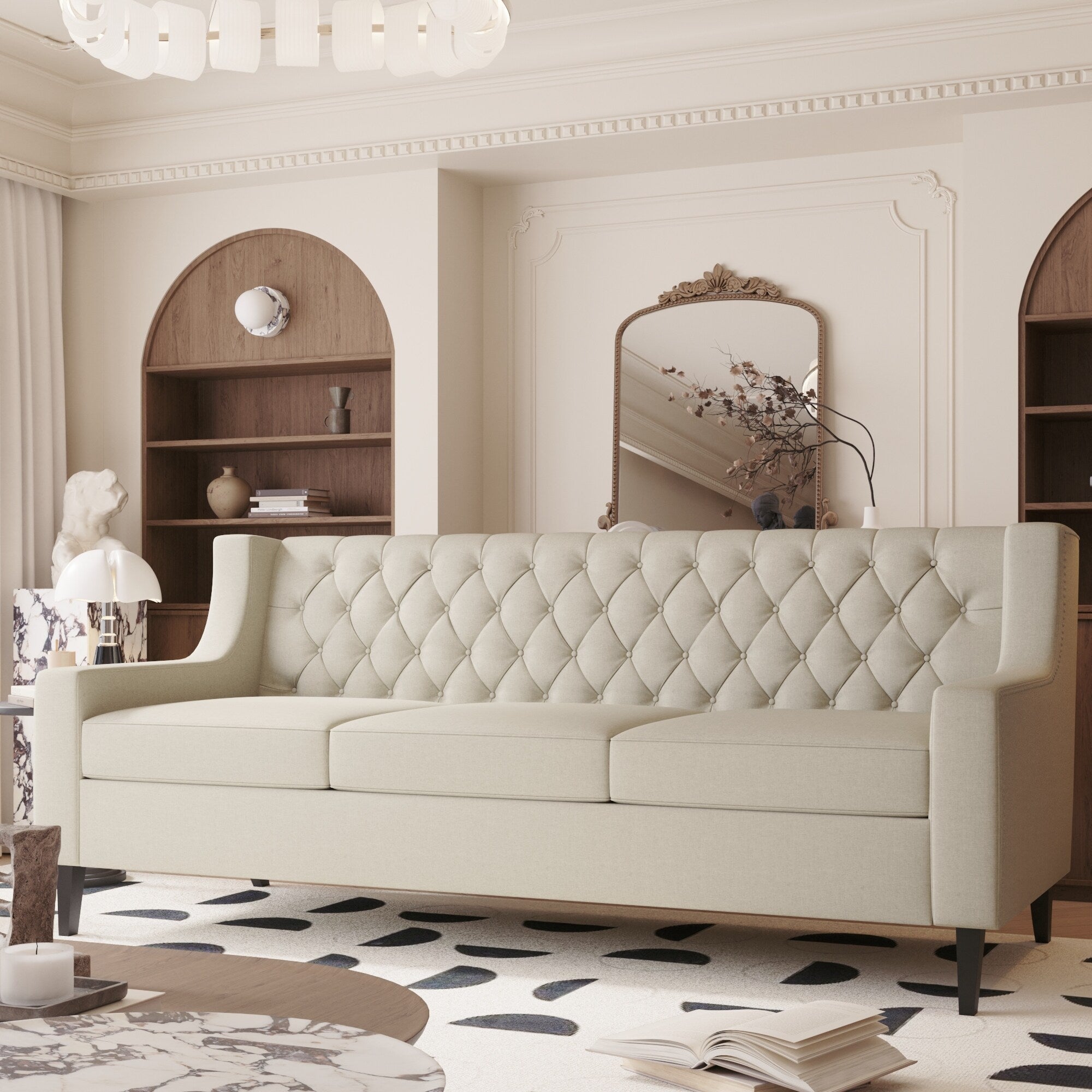 Canapé 3 places en polyester beige avec dossier capitonné