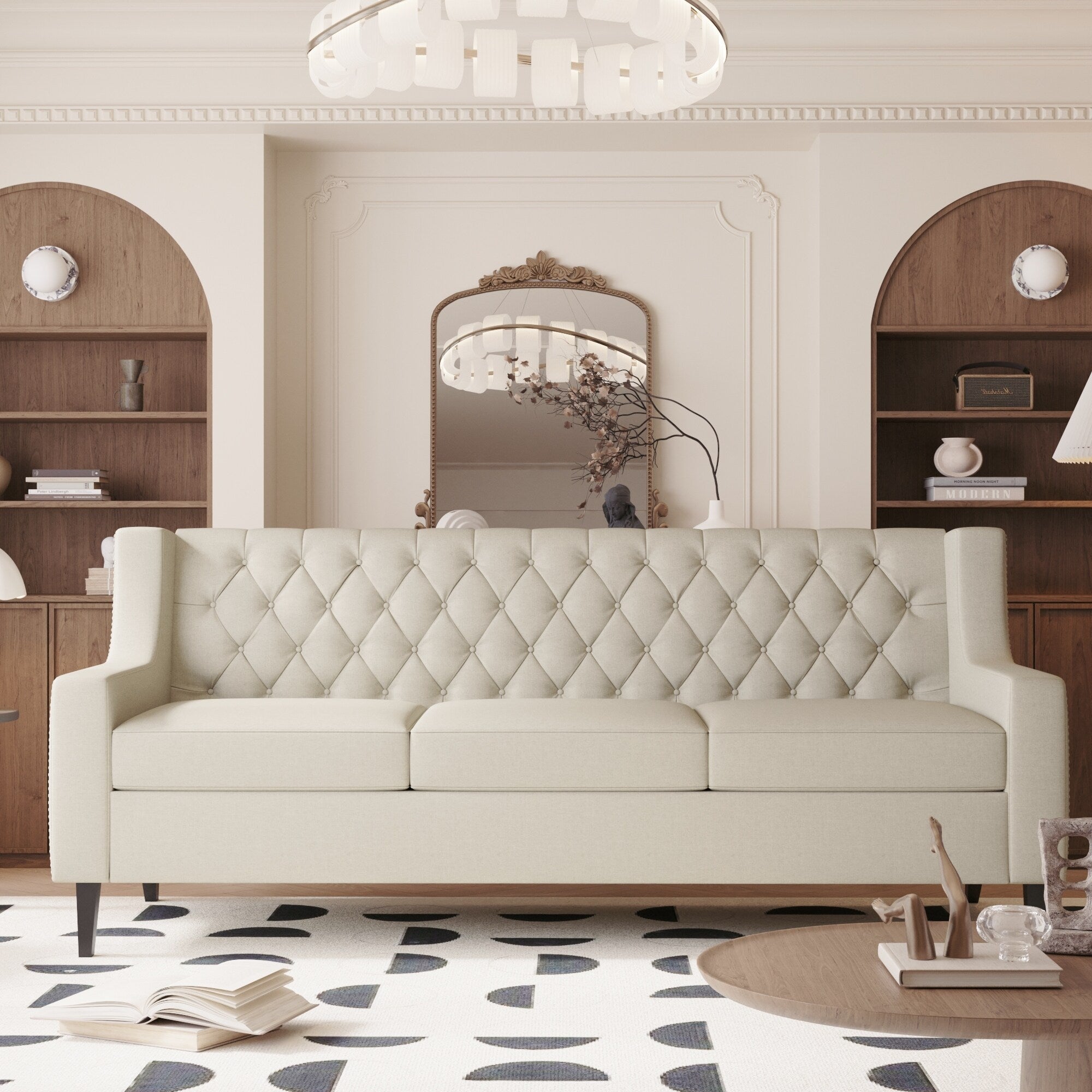 Canapé 3 places en polyester beige avec dossier capitonné