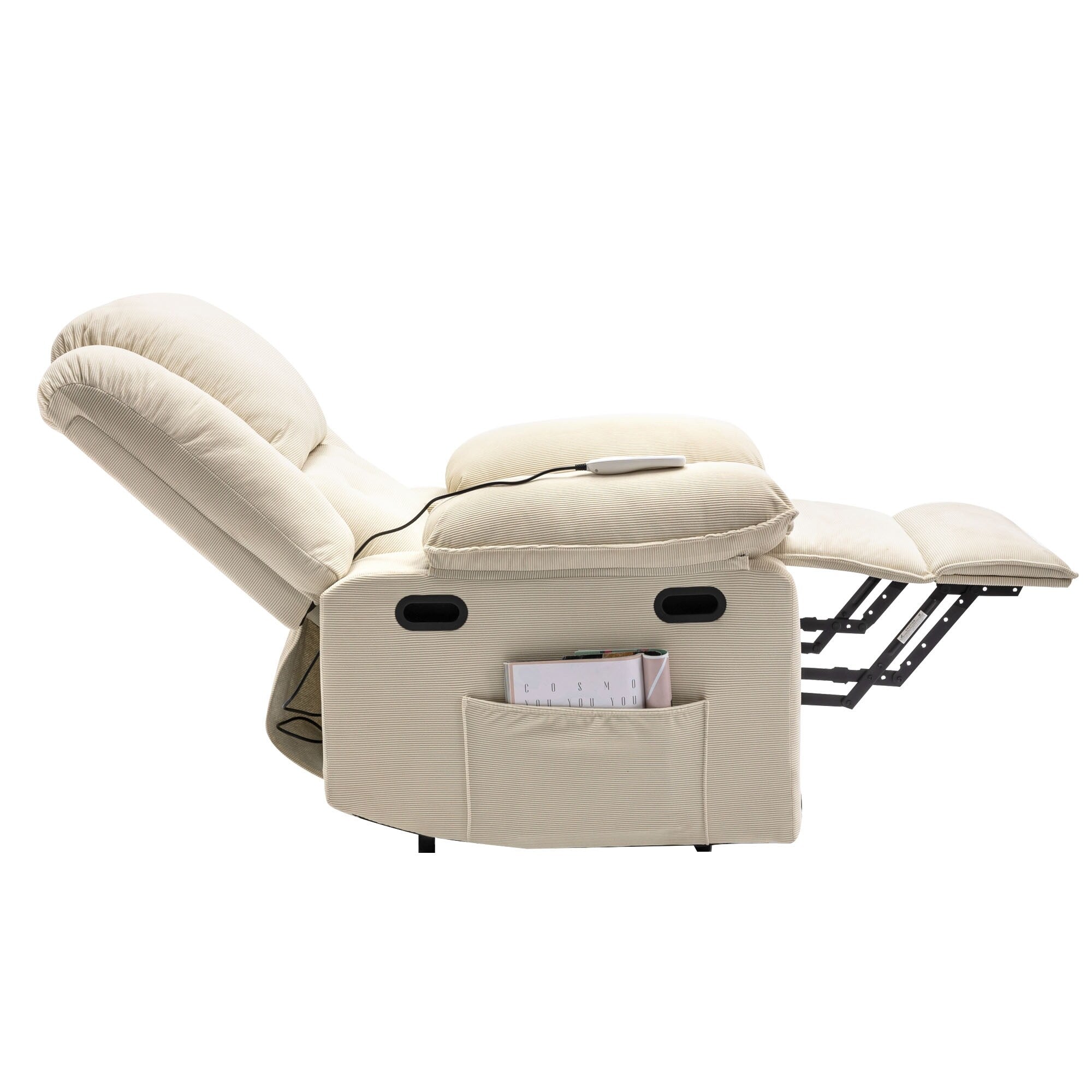 Fauteuil inclinable électrique beige pour personnes âgées avec massage, chauffage, inclinaison réglable, poches latérales et positions infinies