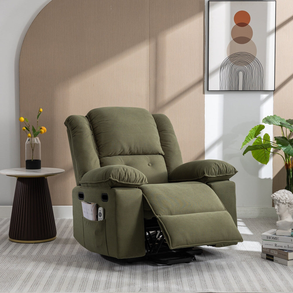 Fauteuil inclinable électrique beige pour personnes âgées avec massage, chauffage, inclinaison réglable, poches latérales et positions infinies