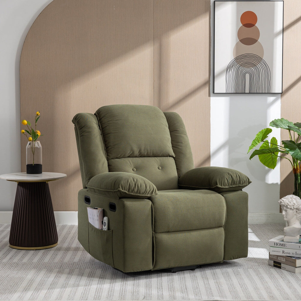 Fauteuil inclinable électrique beige pour personnes âgées avec massage, chauffage, inclinaison réglable, poches latérales et positions infinies