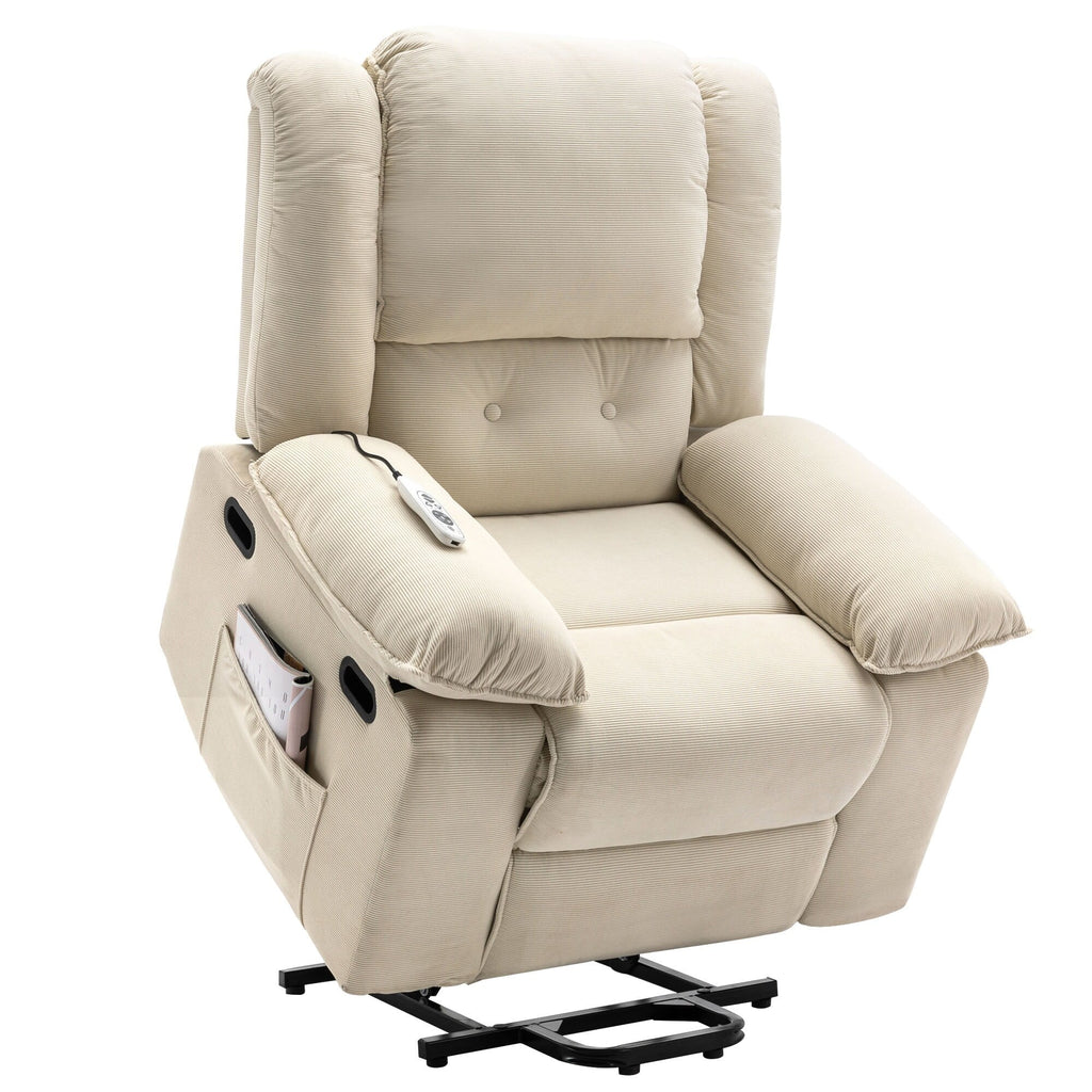 Fauteuil inclinable électrique beige pour personnes âgées avec massage, chauffage, inclinaison réglable, poches latérales et positions illimitées
