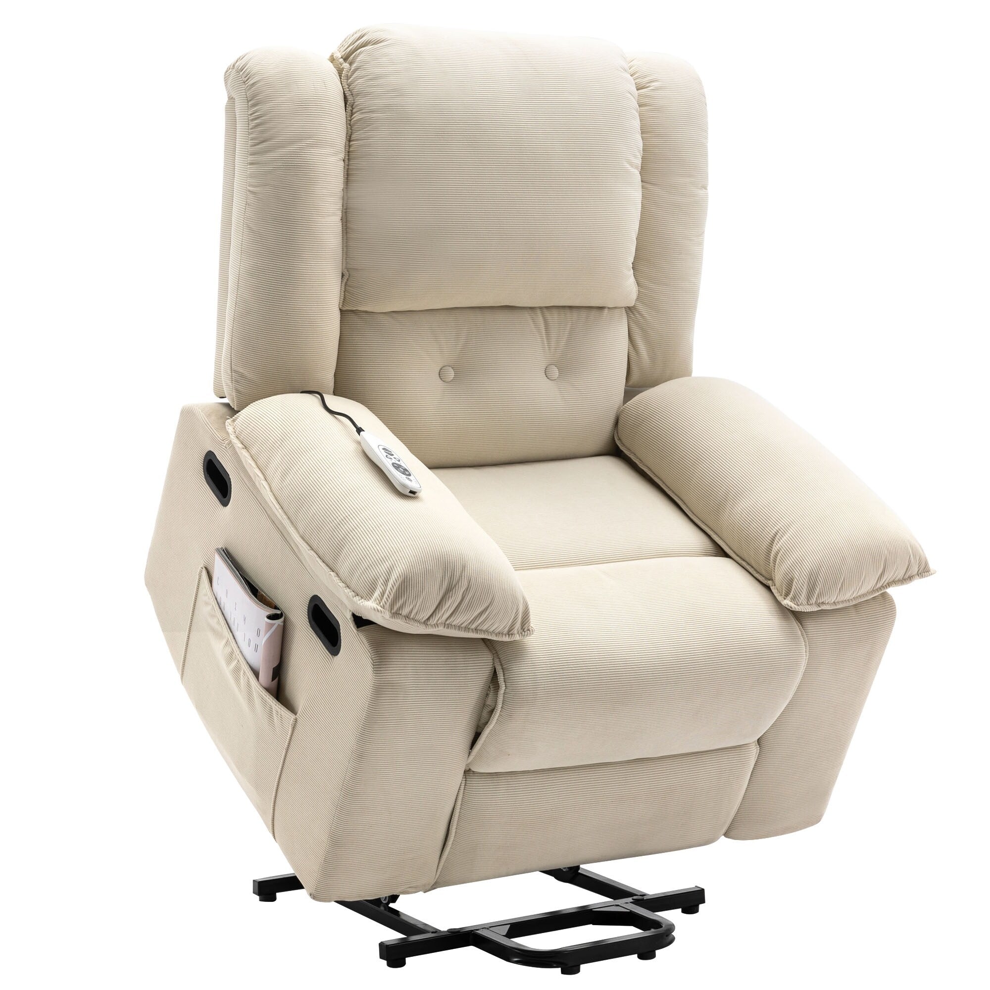 Fauteuil inclinable électrique beige pour personnes âgées avec massage, chauffage, inclinaison réglable, poches latérales et positions illimitées