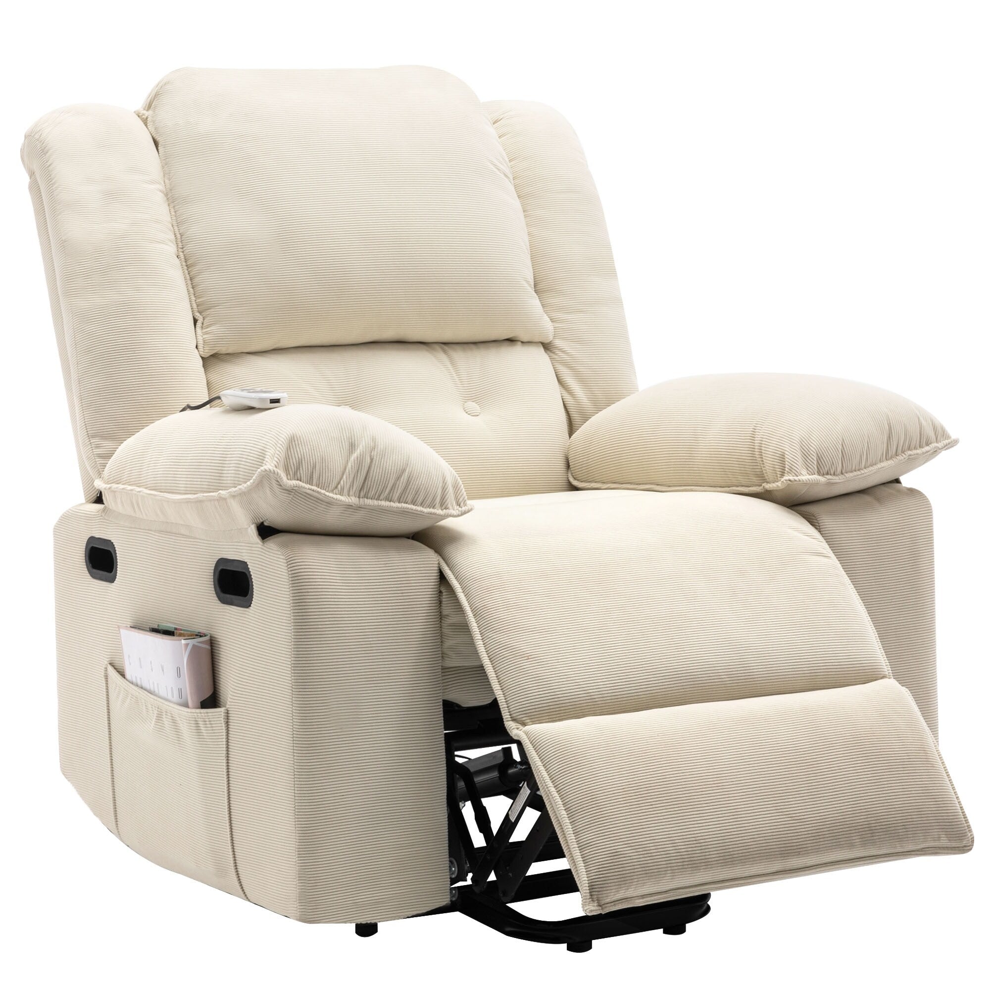 Fauteuil inclinable électrique beige pour personnes âgées avec massage, chauffage, inclinaison réglable, poches latérales et positions illimitées