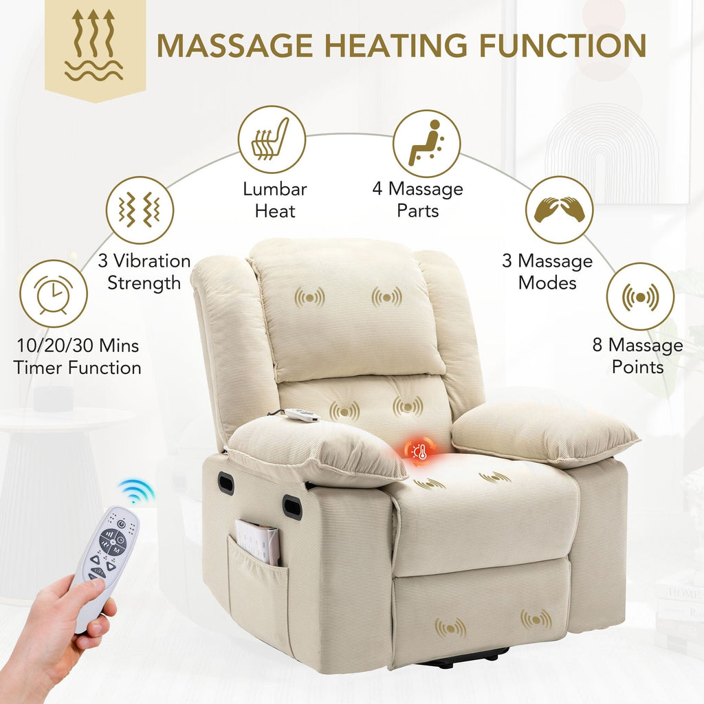 Fauteuil inclinable électrique beige pour personnes âgées avec massage, chauffage, inclinaison réglable, poches latérales et positions illimitées
