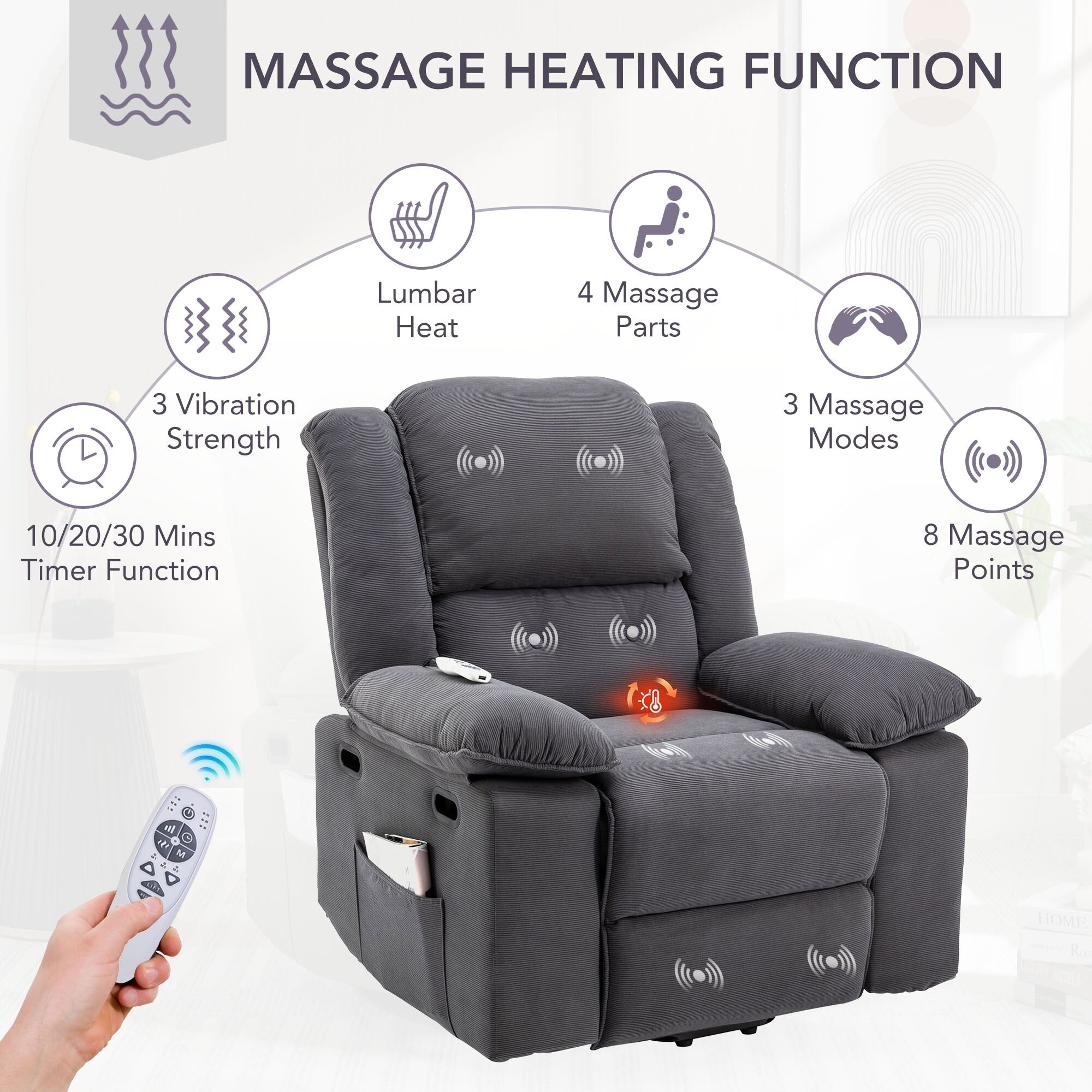 Fauteuil inclinable électrique beige pour personnes âgées avec massage, chauffage, inclinaison réglable, poches latérales et positions illimitées