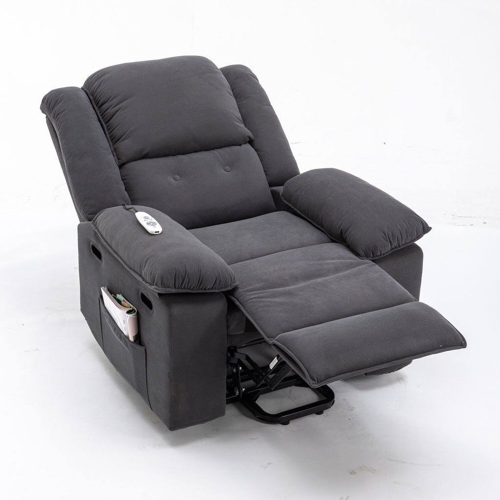 Fauteuil inclinable électrique beige pour personnes âgées avec massage, chauffage, inclinaison réglable, poches latérales et positions illimitées