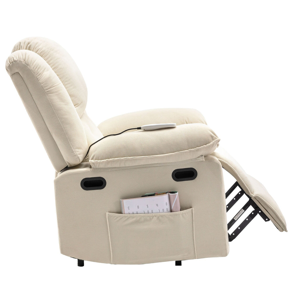 Fauteuil inclinable électrique beige pour personnes âgées avec massage, chauffage, inclinaison réglable, poches latérales et positions illimitées