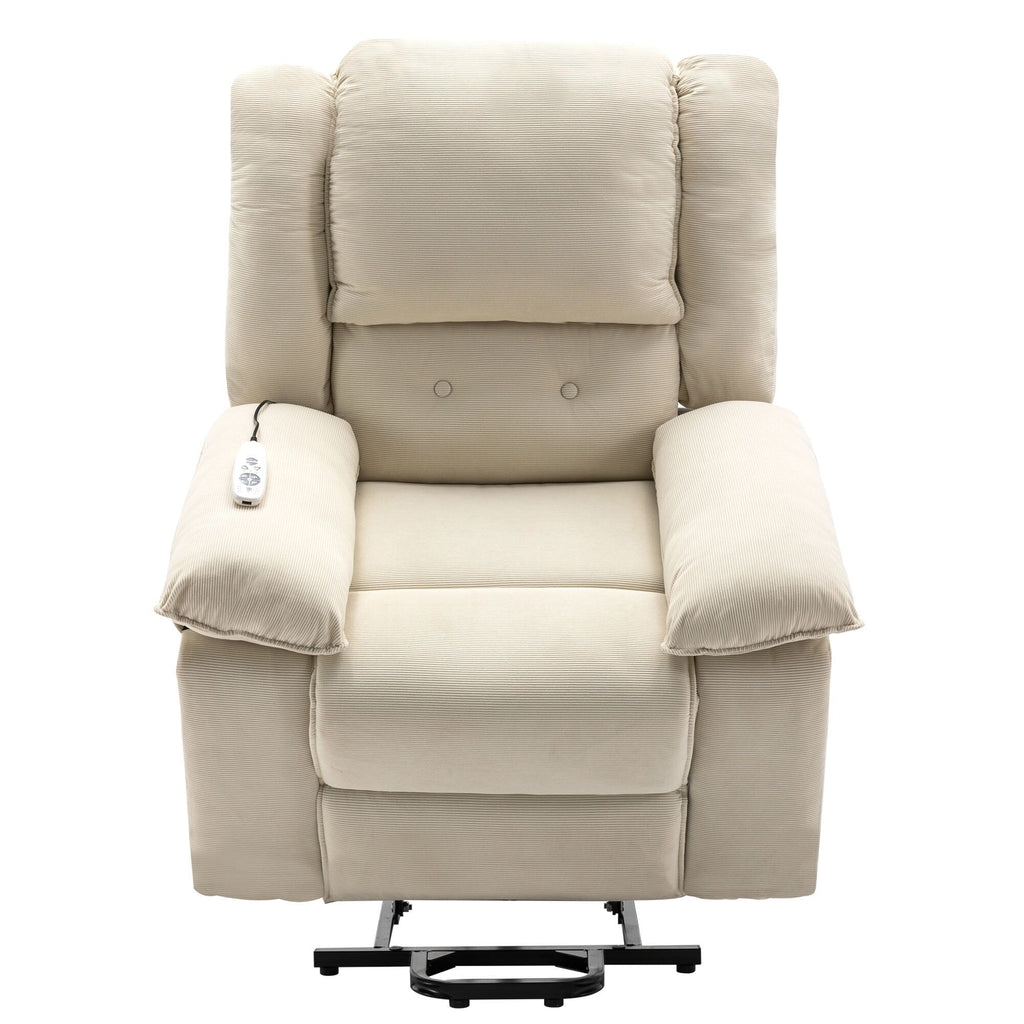 Fauteuil inclinable électrique beige pour personnes âgées avec massage, chauffage, inclinaison réglable, poches latérales et positions illimitées