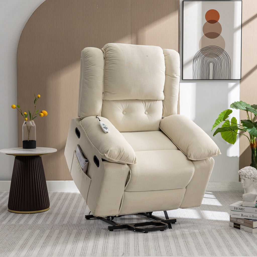 Fauteuil inclinable électrique beige avec massage, chauffage et accoudoirs rétractables