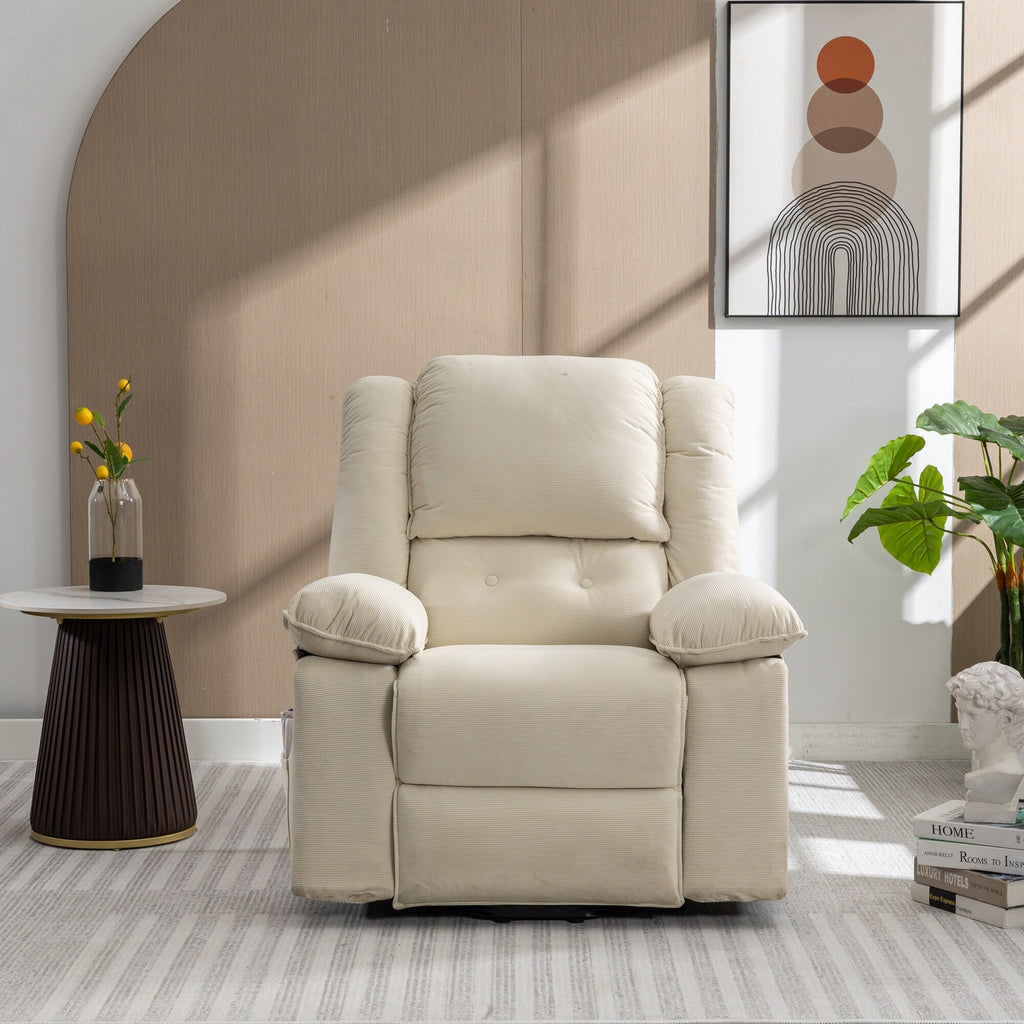 Fauteuil inclinable électrique beige avec massage, chauffage, inclinaison infinie, poches latérales et accoudoirs rétractables
