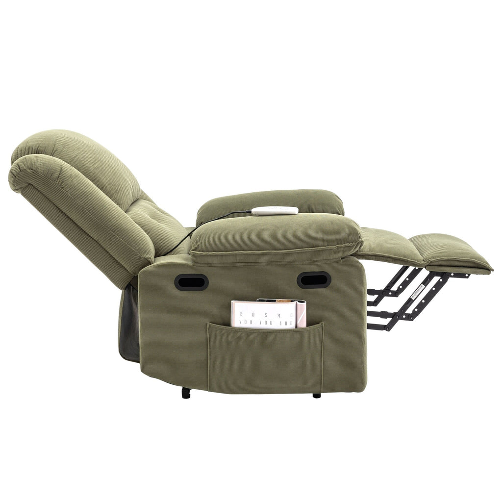 Fauteuil inclinable électrique beige avec massage, chauffage, inclinaison infinie, poches latérales et accoudoirs rétractables