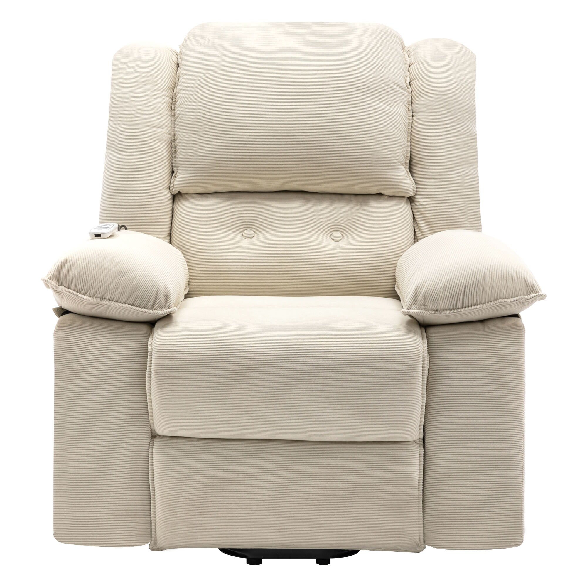 Fauteuil inclinable électrique beige avec massage, chauffage, inclinaison infinie, poches latérales et accoudoirs rétractables