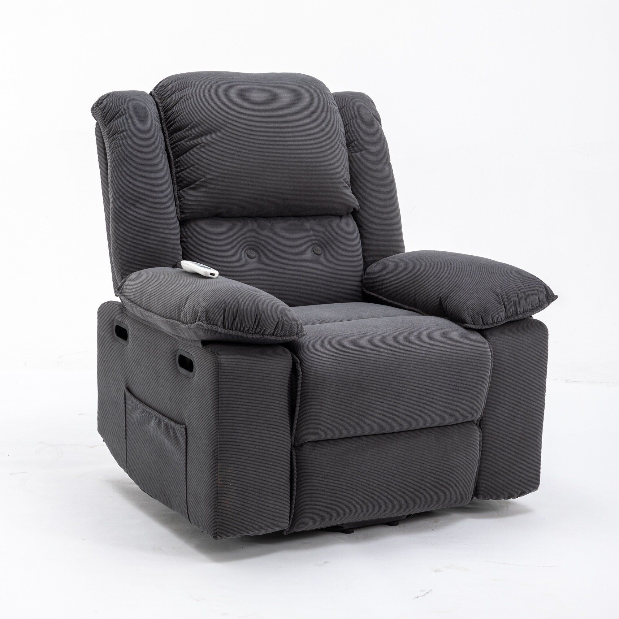 Fauteuil inclinable électrique beige avec massage, chauffage, inclinaison infinie, poches latérales et accoudoirs rétractables