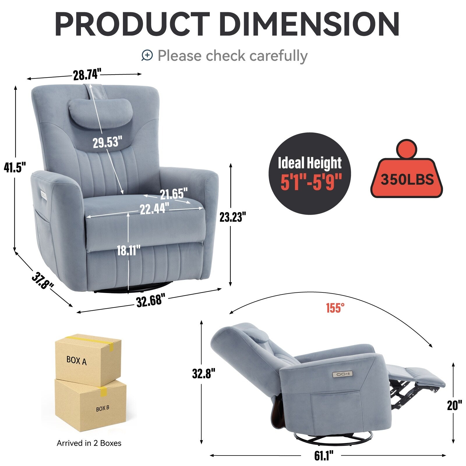 Fauteuil inclinable électrique beige pivotant à 270°, mouvement de bascule, coussin de soutien lombaire et ports USB Type-C
