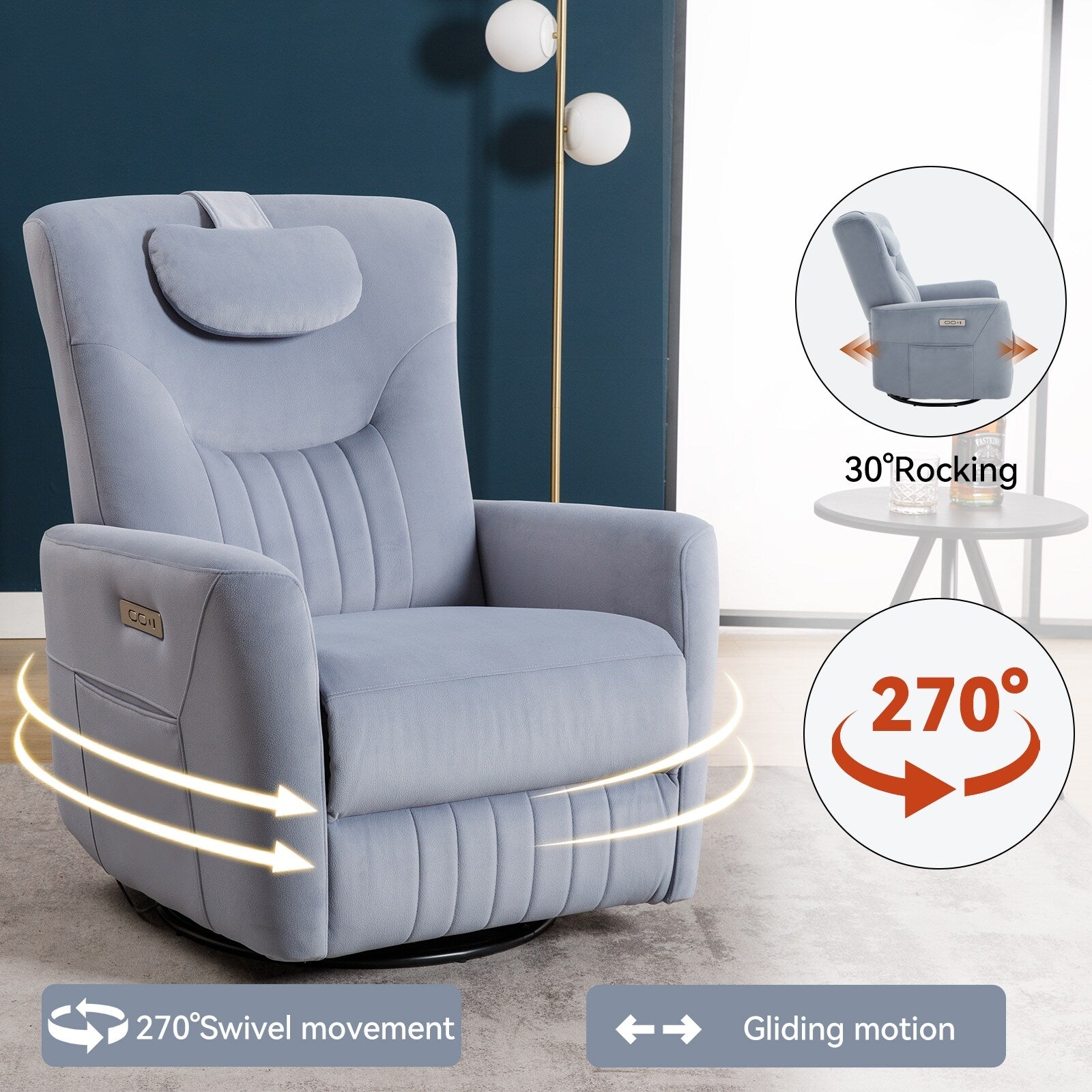 Fauteuil inclinable électrique beige pivotant à 270°, mouvement de bascule, coussin de soutien lombaire et ports USB Type-C