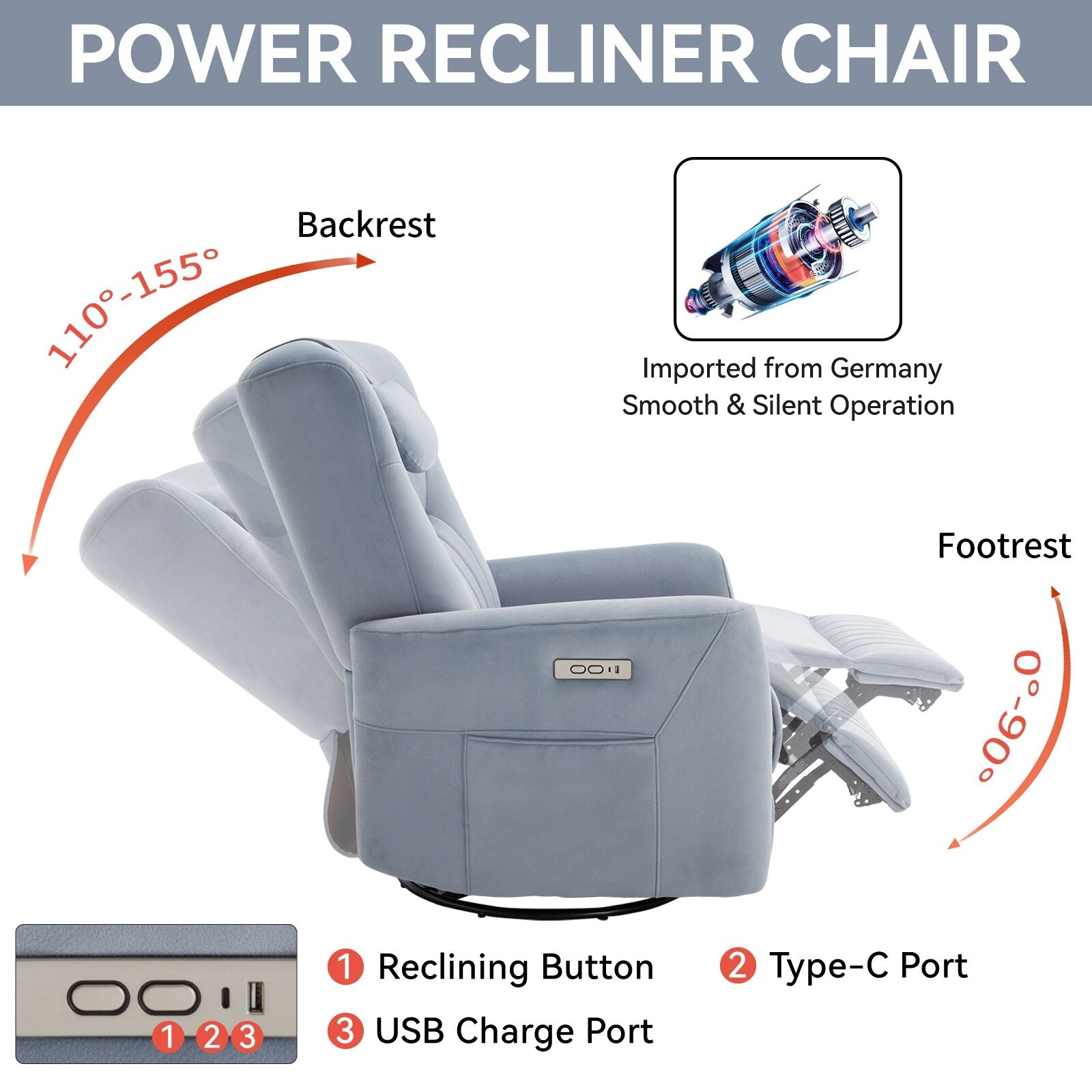 Fauteuil inclinable électrique beige pivotant à 270°, mouvement de bascule, coussin de soutien lombaire et ports USB Type-C