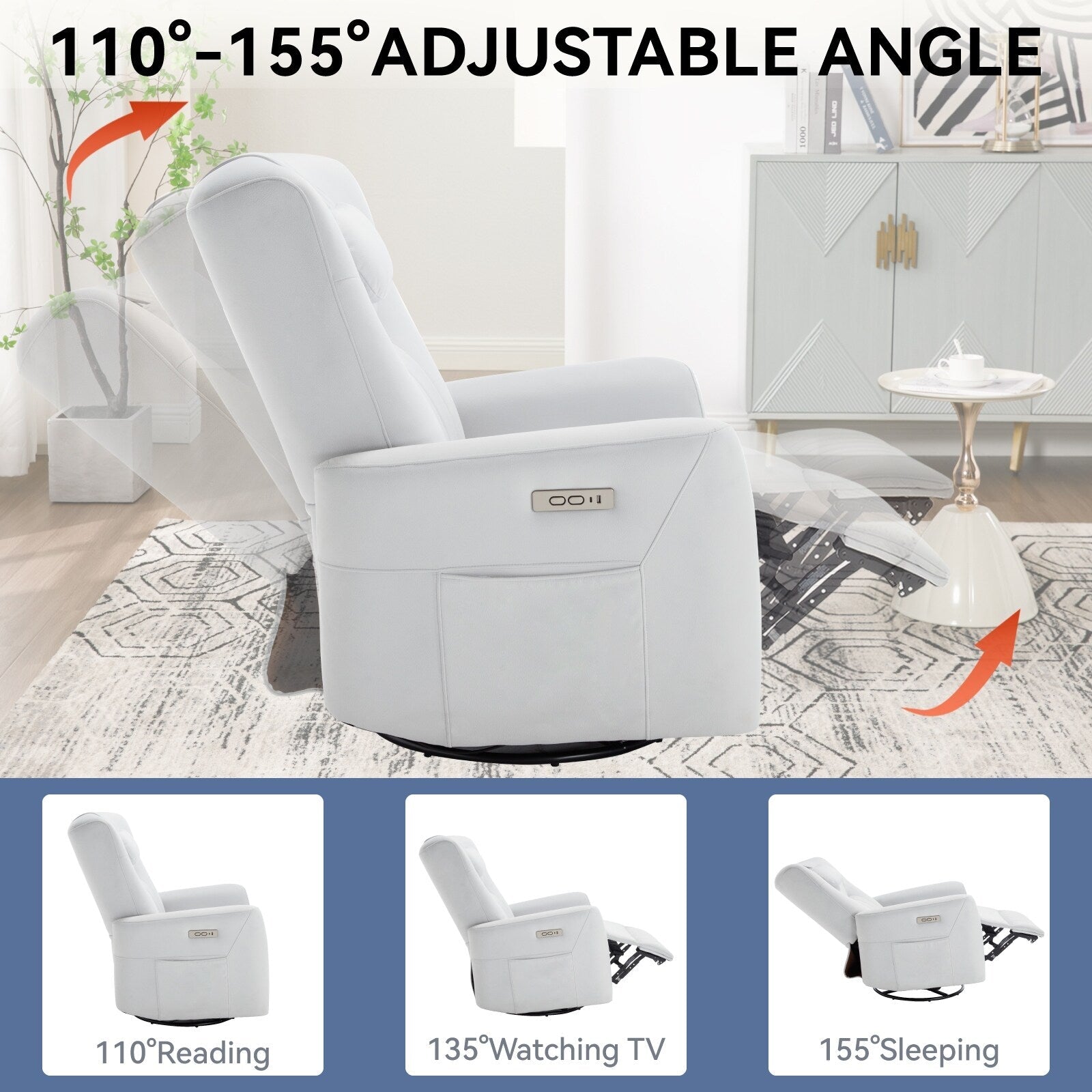 Fauteuil inclinable électrique beige pivotant à 270°, mouvement de bascule, coussin de soutien lombaire et ports USB Type-C
