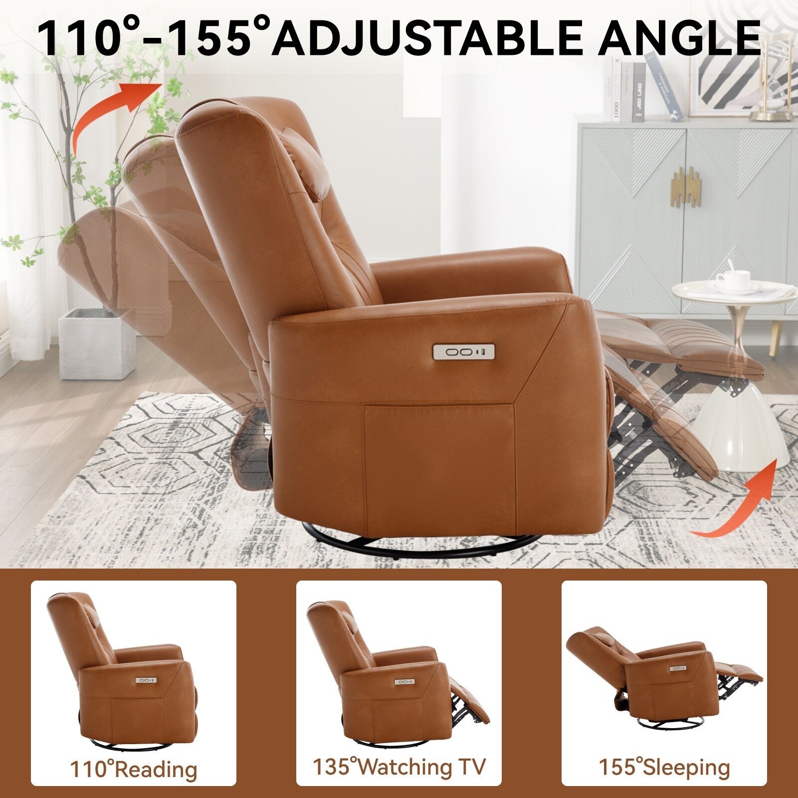Fauteuil inclinable électrique beige pivotant à 270°, mouvement de bascule, coussin de soutien lombaire et ports USB Type-C