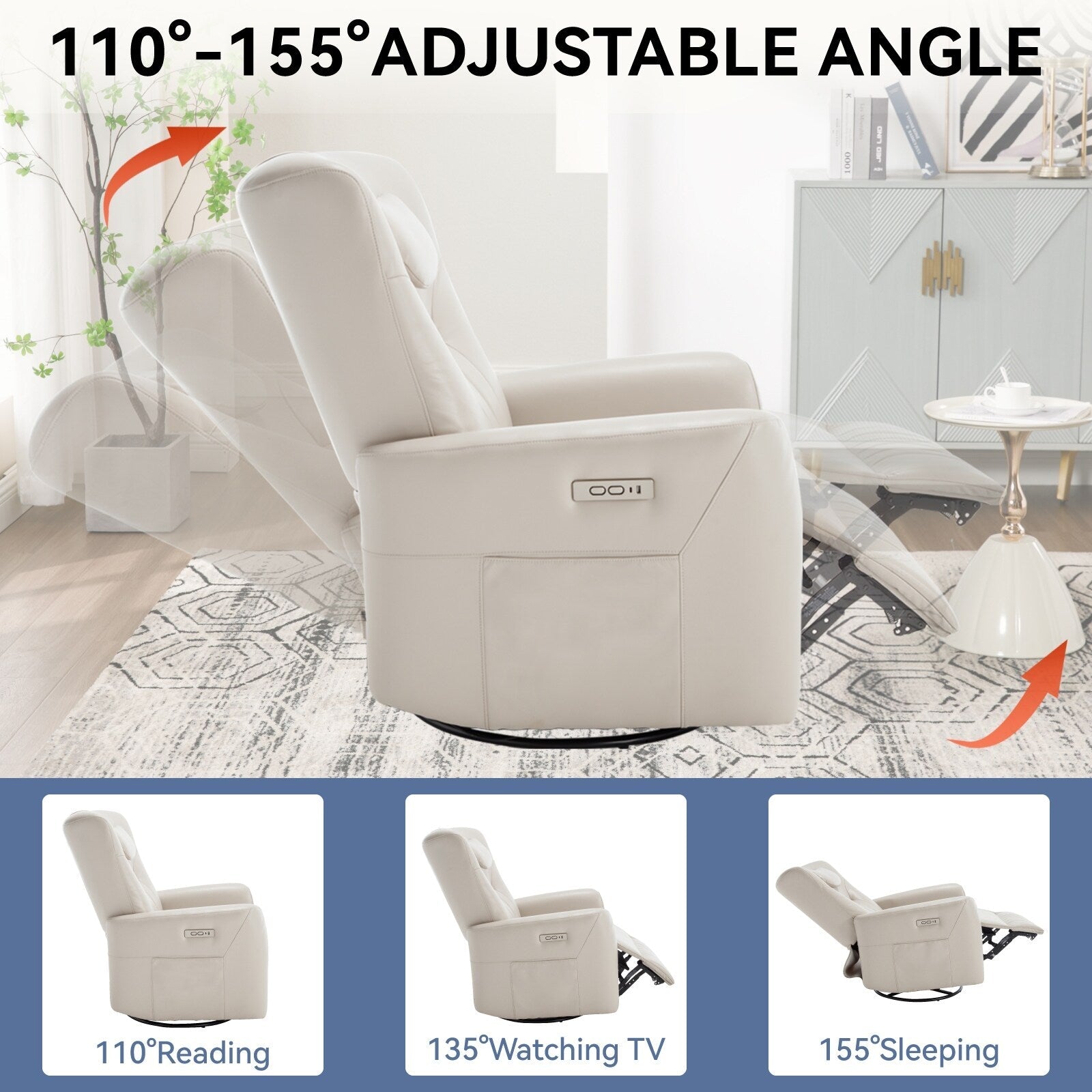 Fauteuil inclinable électrique beige pivotant à 270°, mouvement de bascule, coussin de soutien lombaire et ports USB Type-C