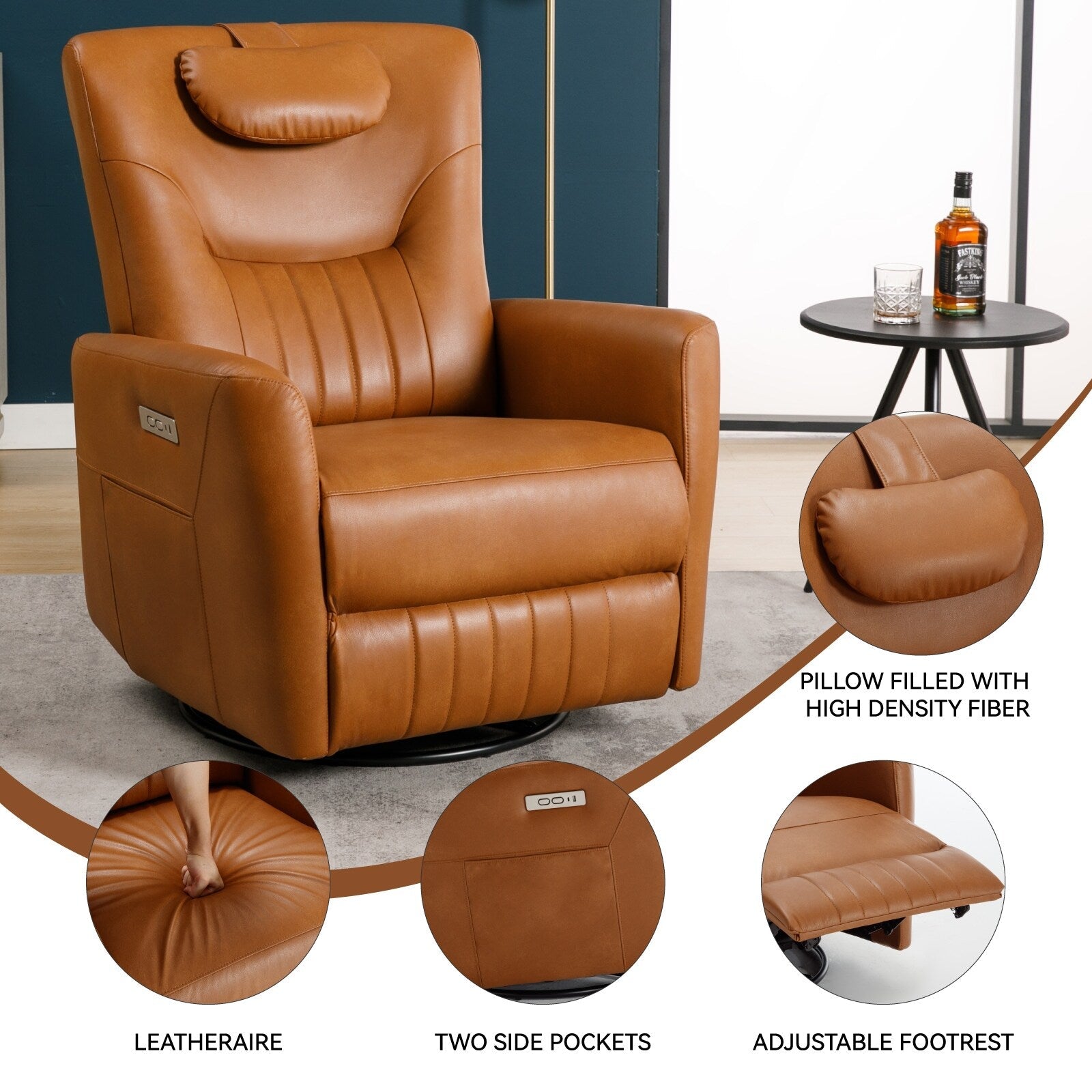 Fauteuil inclinable électrique beige pivotant à 270°, mouvement de bascule, coussin de soutien lombaire et ports USB Type-C