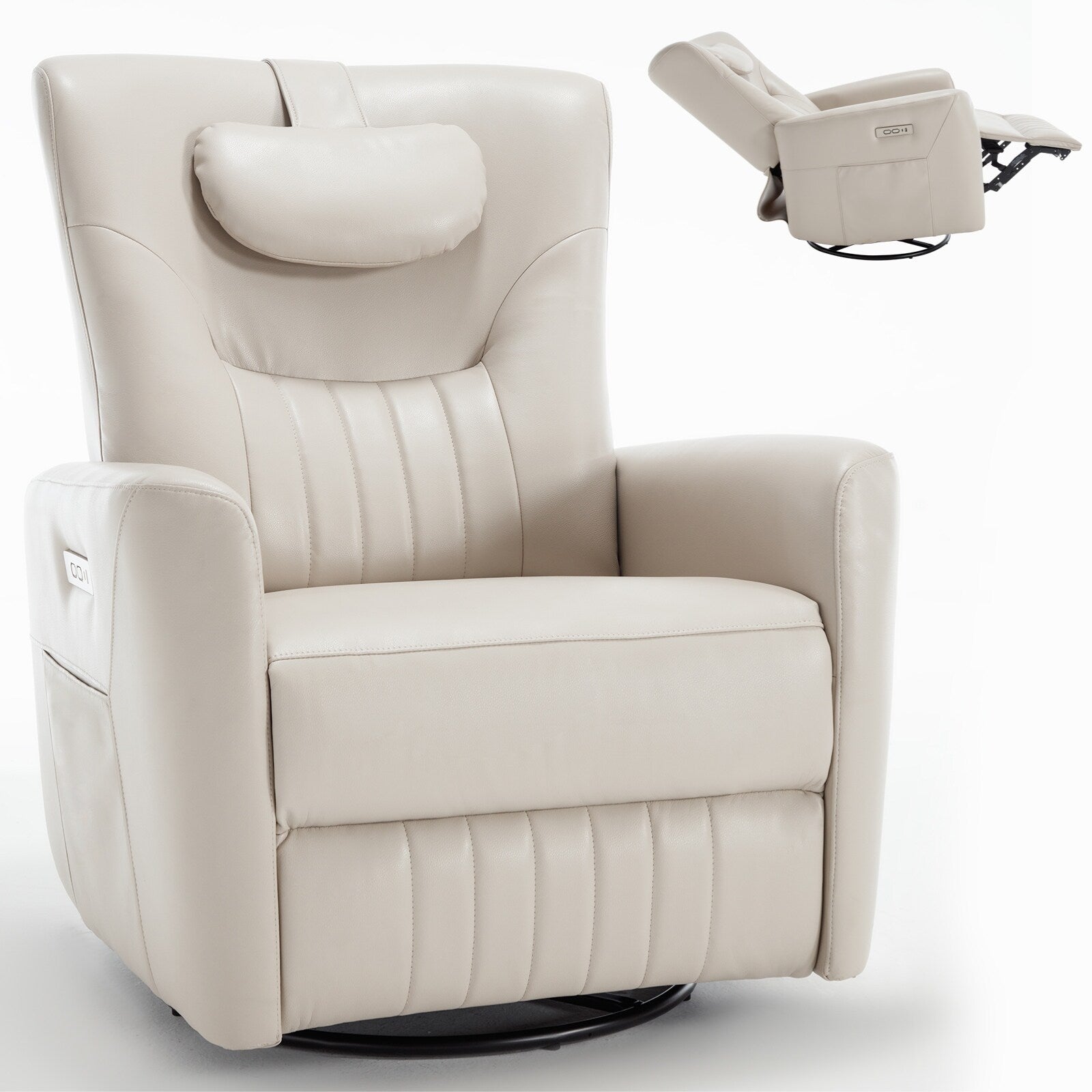 Fauteuil inclinable électrique beige pivotant à 270°, mouvement de bascule, coussin de soutien lombaire et ports USB Type-C