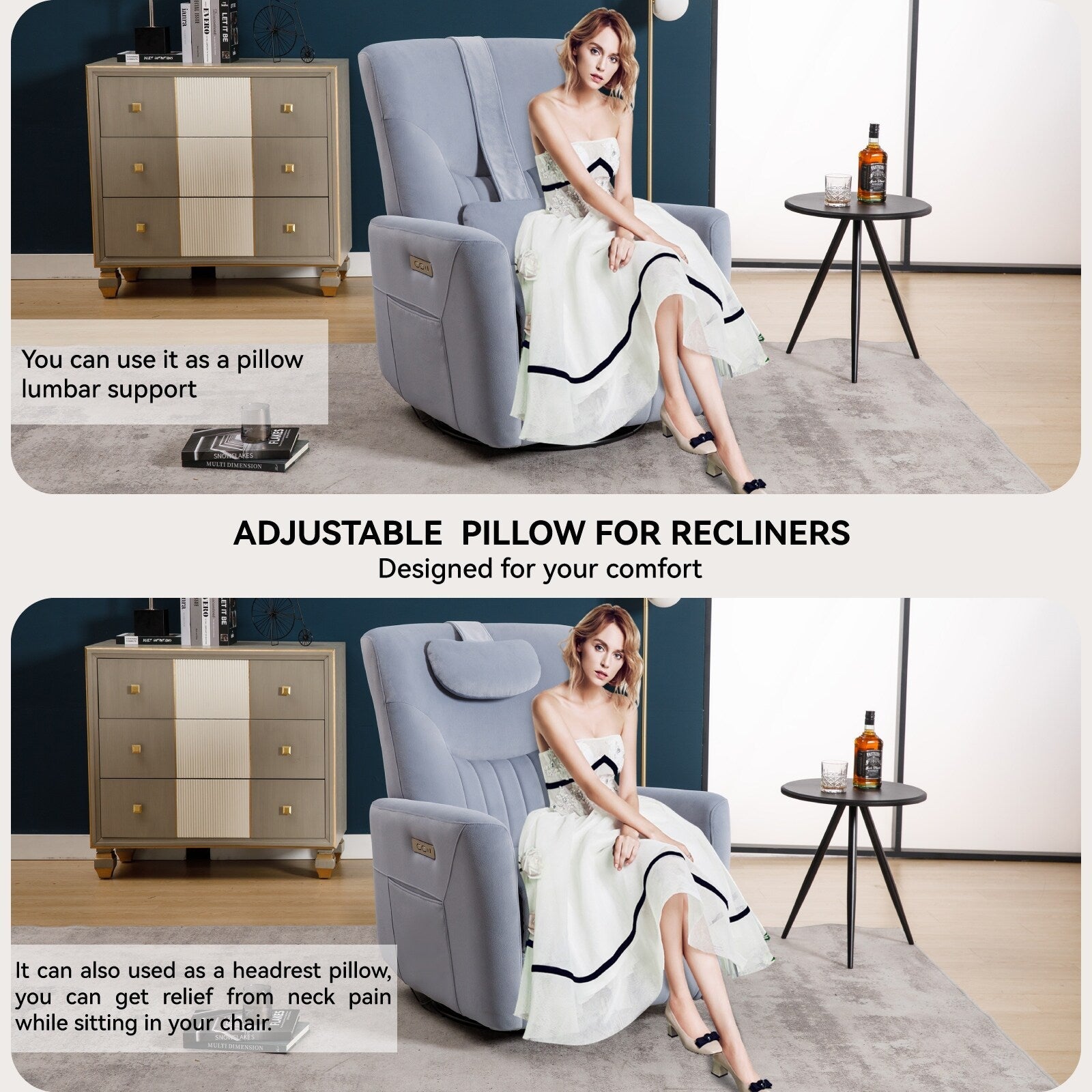 Fauteuil inclinable électrique beige pivotant à 270°, mouvement de bascule, coussin de soutien lombaire et ports USB Type-C