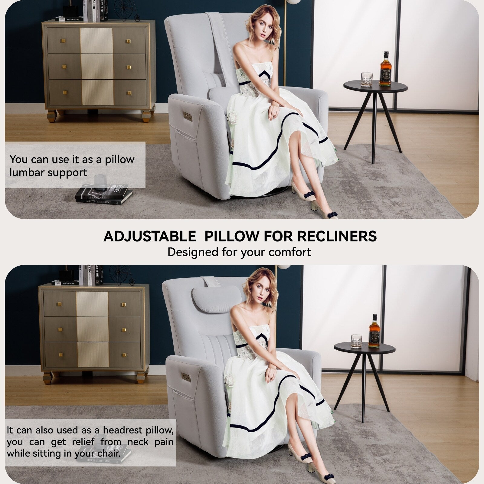 Fauteuil inclinable électrique beige pivotant à 270°, mouvement de bascule, coussin de soutien lombaire et ports USB Type-C